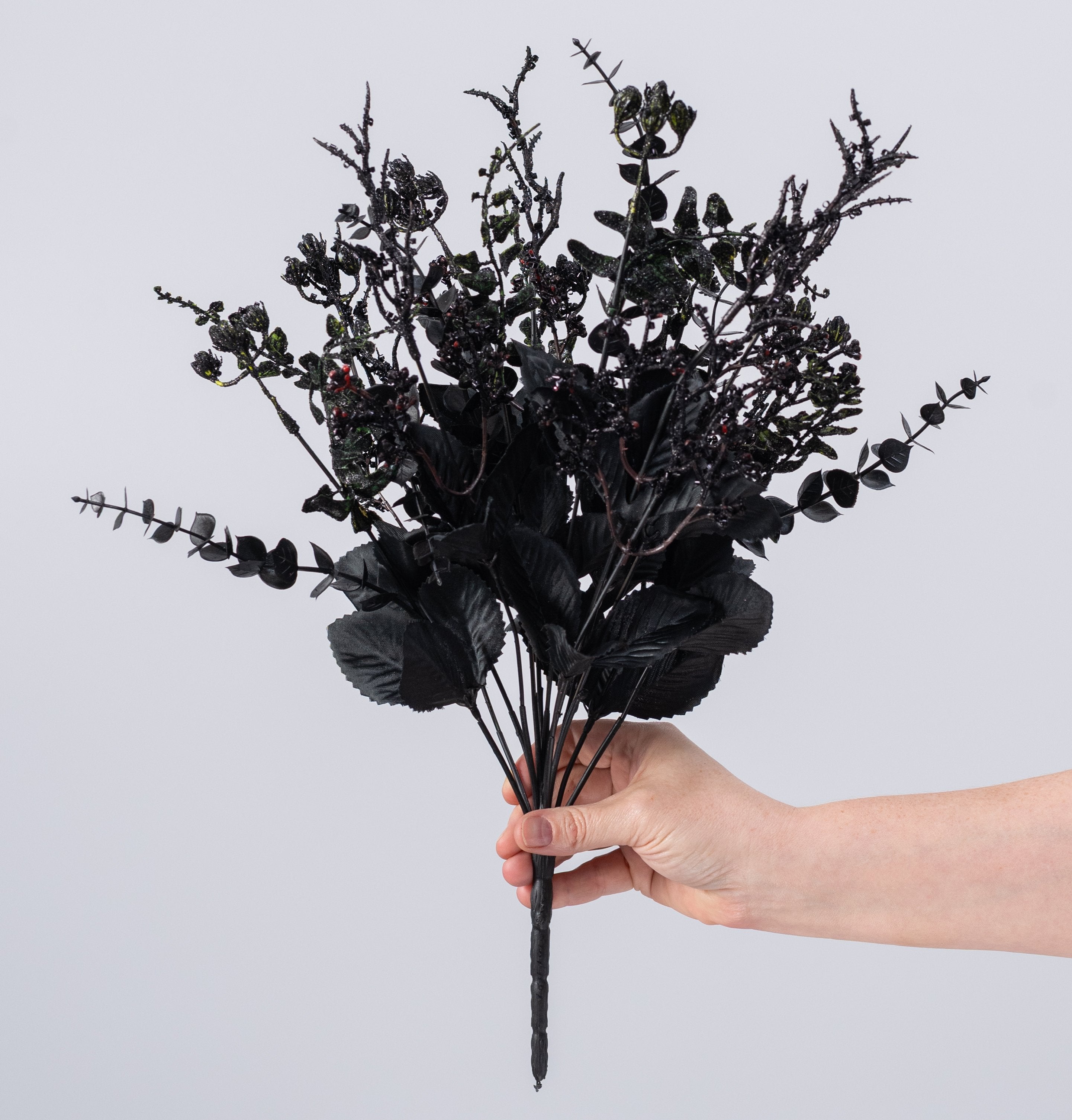 18" Glitter Leaves & Twigs Filler Bush: Black (14 Stem) detail photo 3