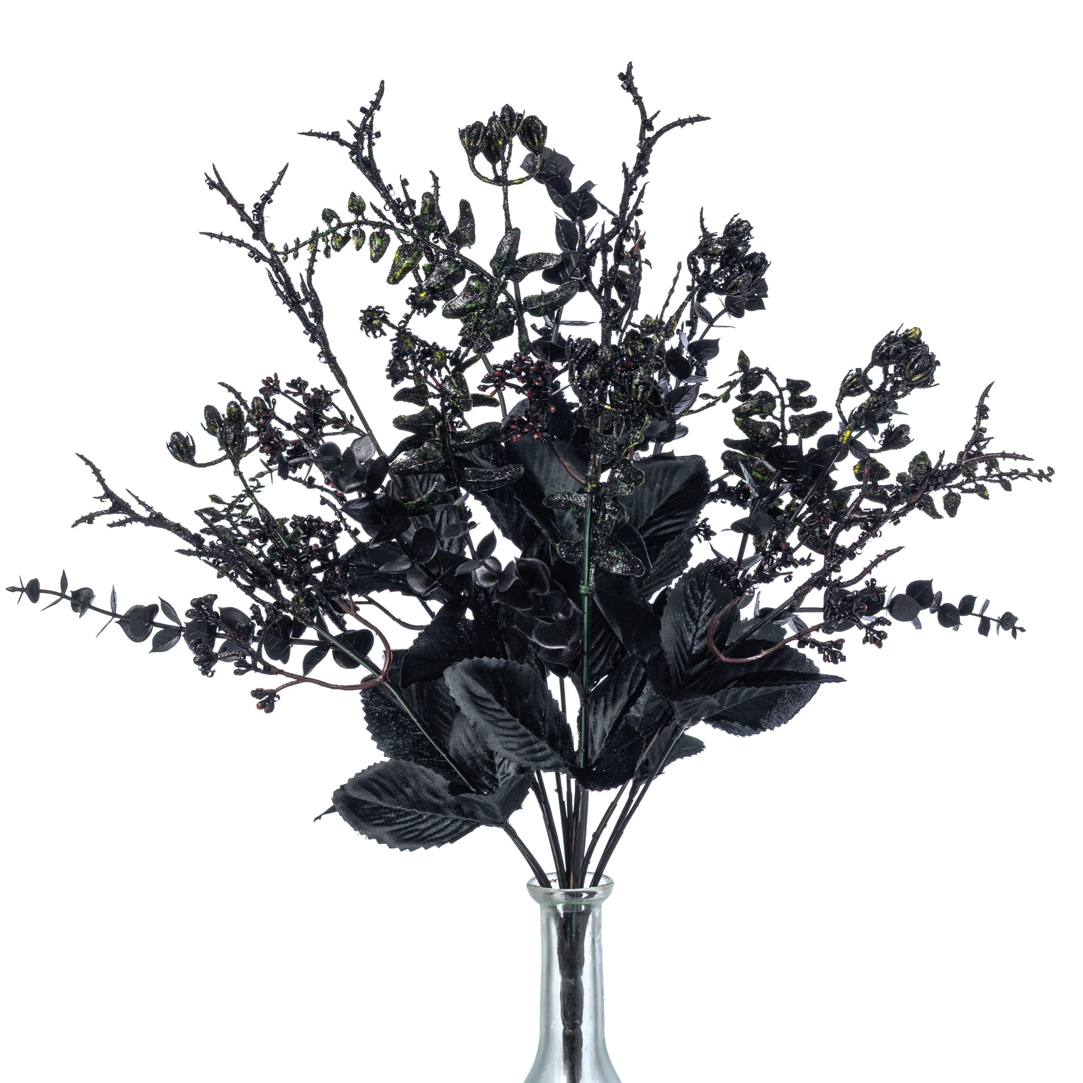 18" Glitter Leaves & Twigs Filler Bush: Black (14 Stem) Item Number: 57338BK