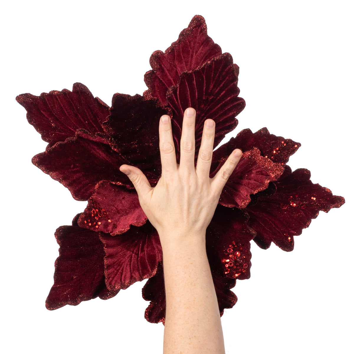 19" x 16" Deluxe Jumbo Velvet Poinsettia Stem: Burgundy Lifestyle Photo