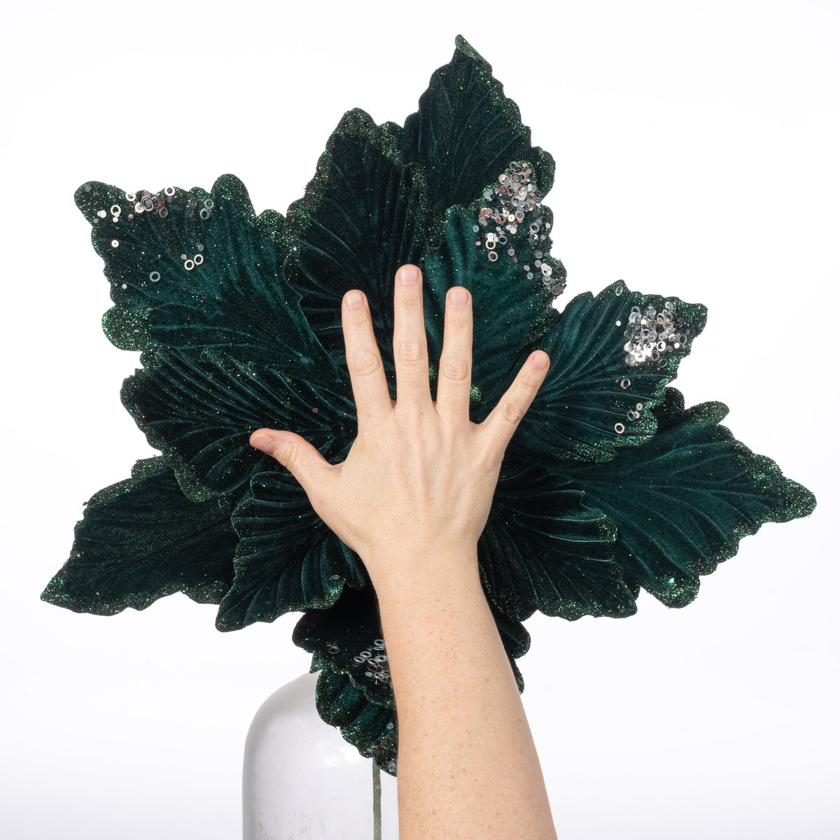 19" x 16" Deluxe Jumbo Velvet Poinsettia Stem: Deep Emerald Lifestyle Photo