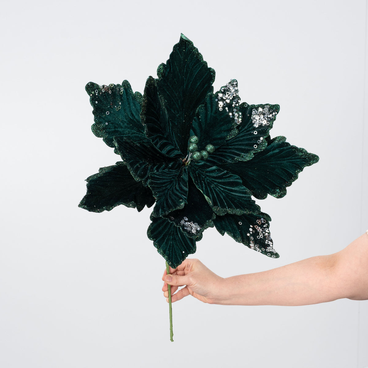 19" x 16" Deluxe Jumbo Velvet Poinsettia Stem: Deep Emerald detail photo 3