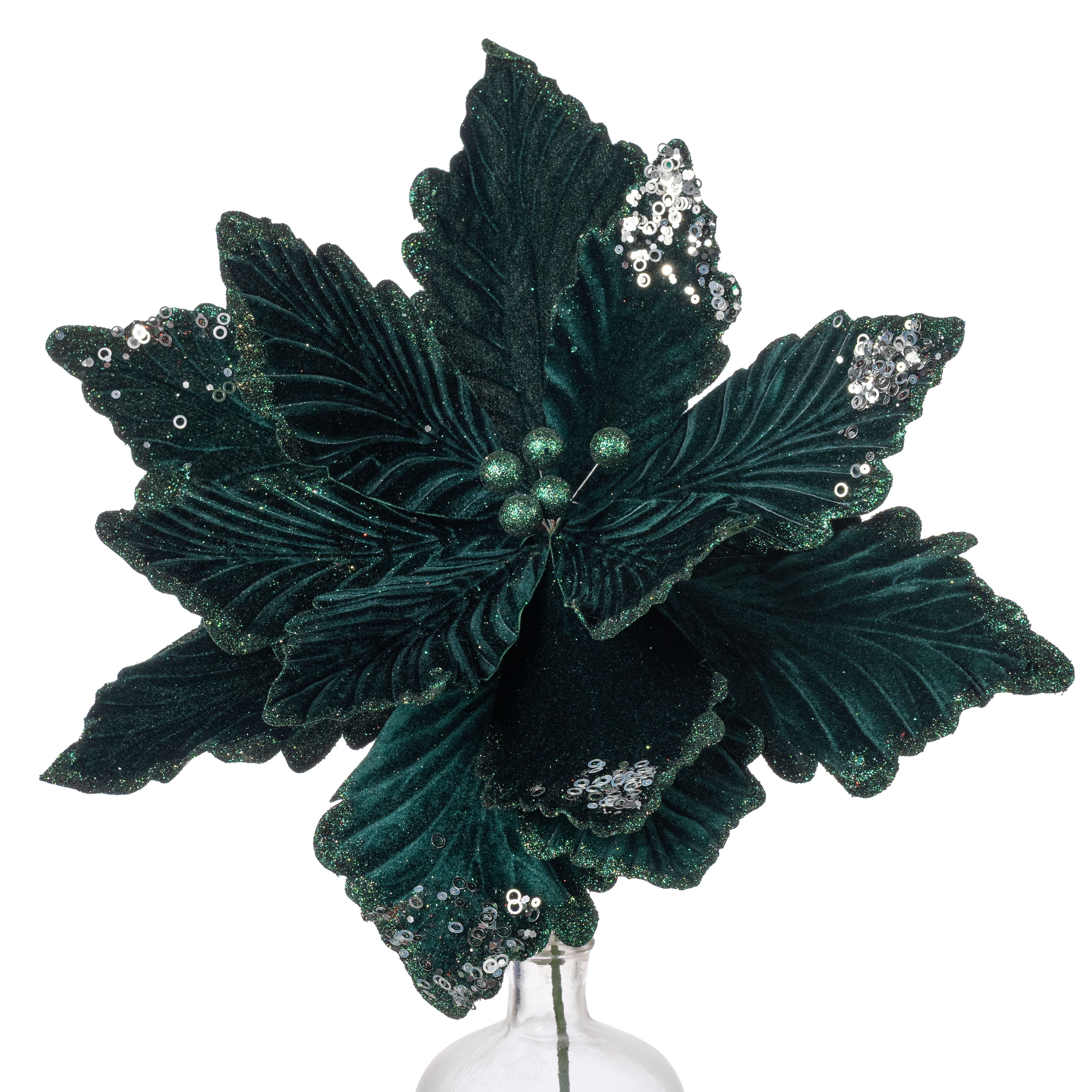 19" x 16" Deluxe Jumbo Velvet Poinsettia Stem: Deep Emerald Item Number: XS401081