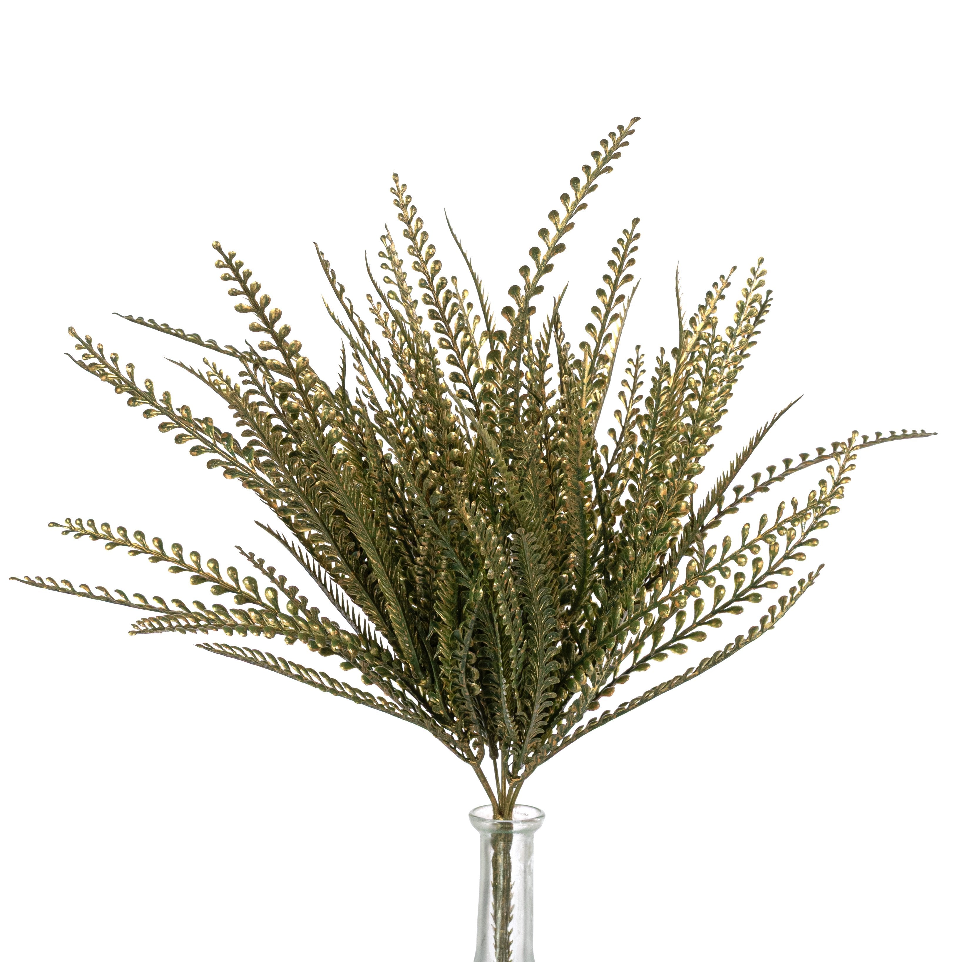 19" Metallic Button Fern Bush: Green & Gold (7 Stem) Item Number: XS262054