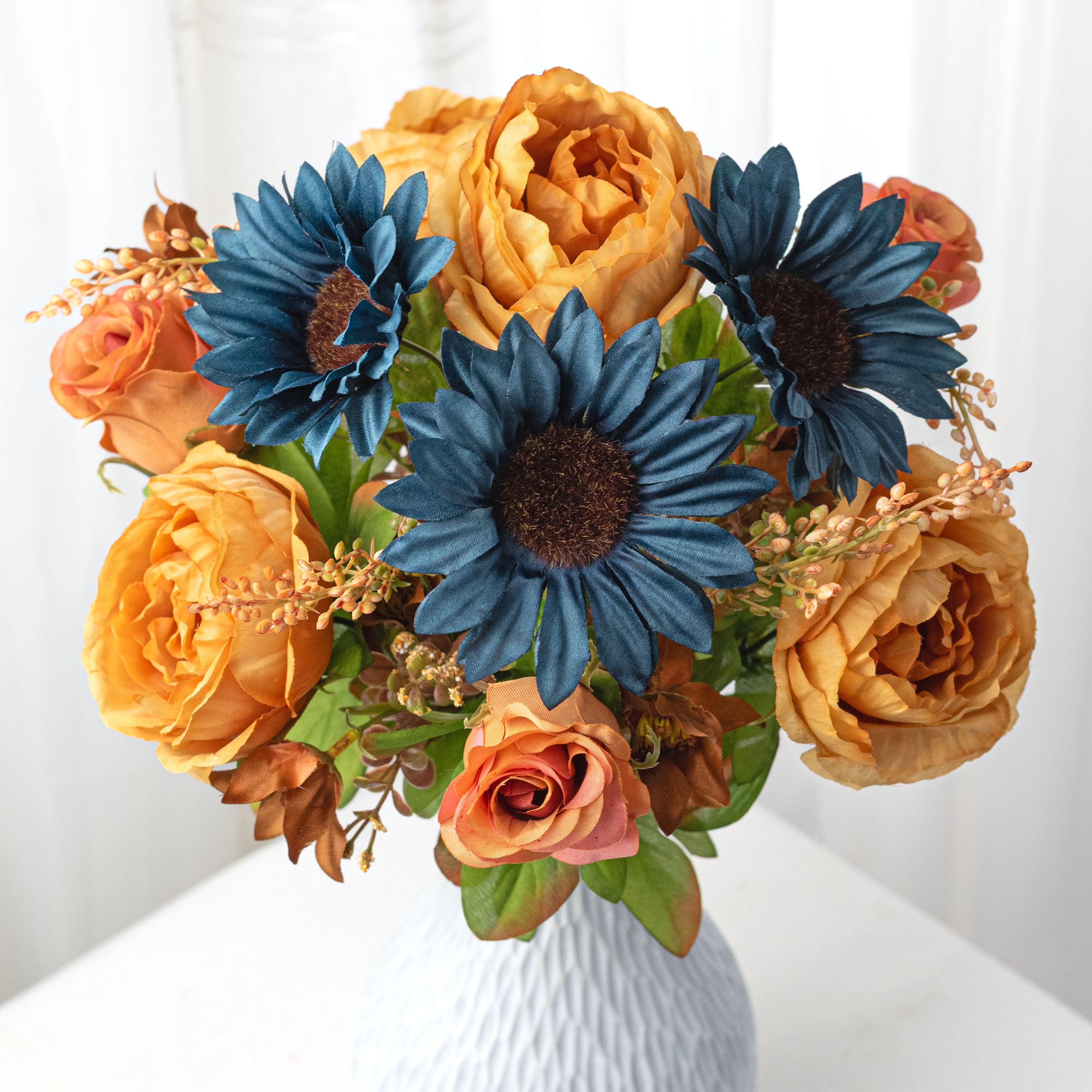 19" Sunflower, Peony & Rose Bush: Mustard & Smoke Blue (14 Stem) Item Number: 57530MUBL
