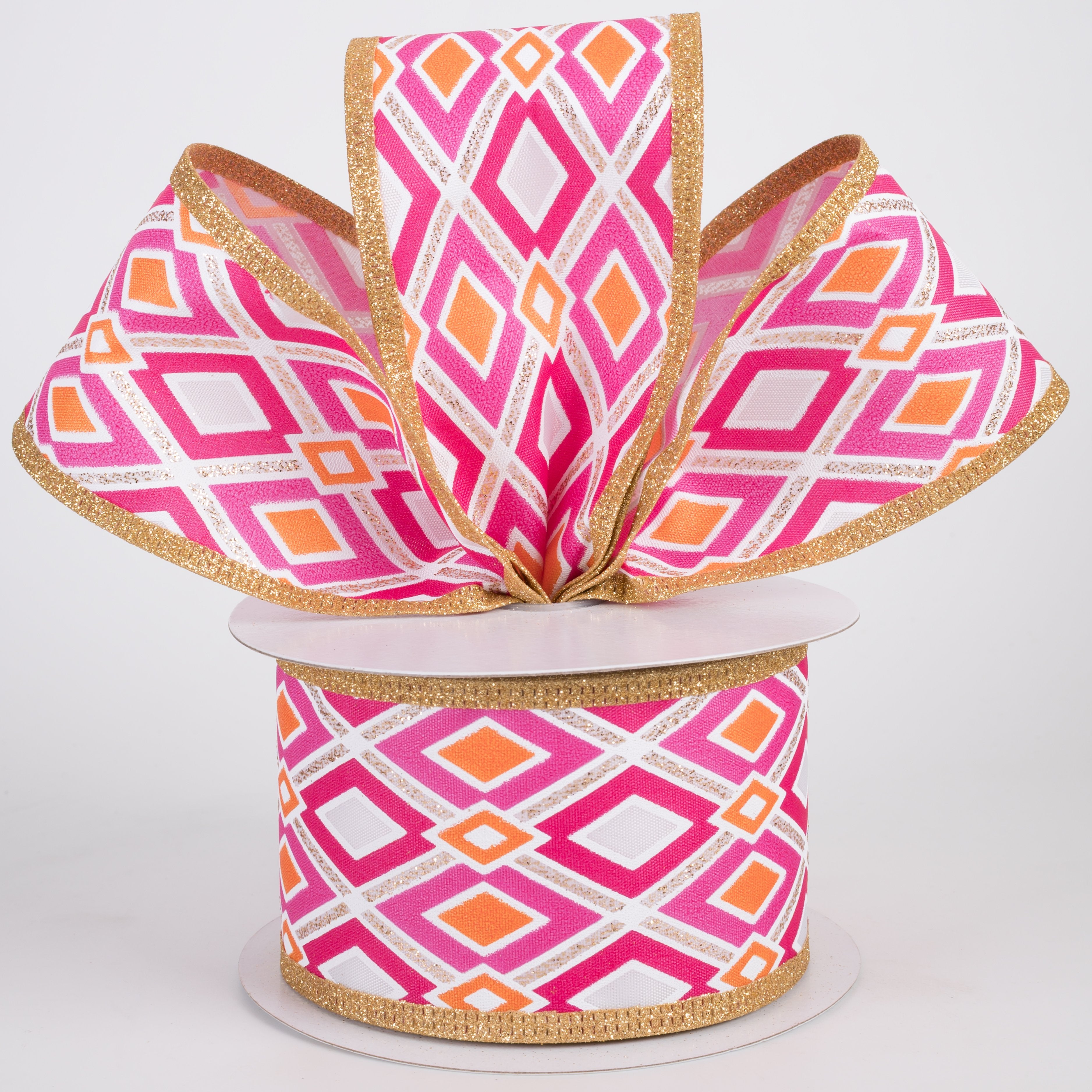 2.5" Abstract Diamonds Ribbon: Orange, Fuchsia & Gold (10 Yards) Lifestyle Photo