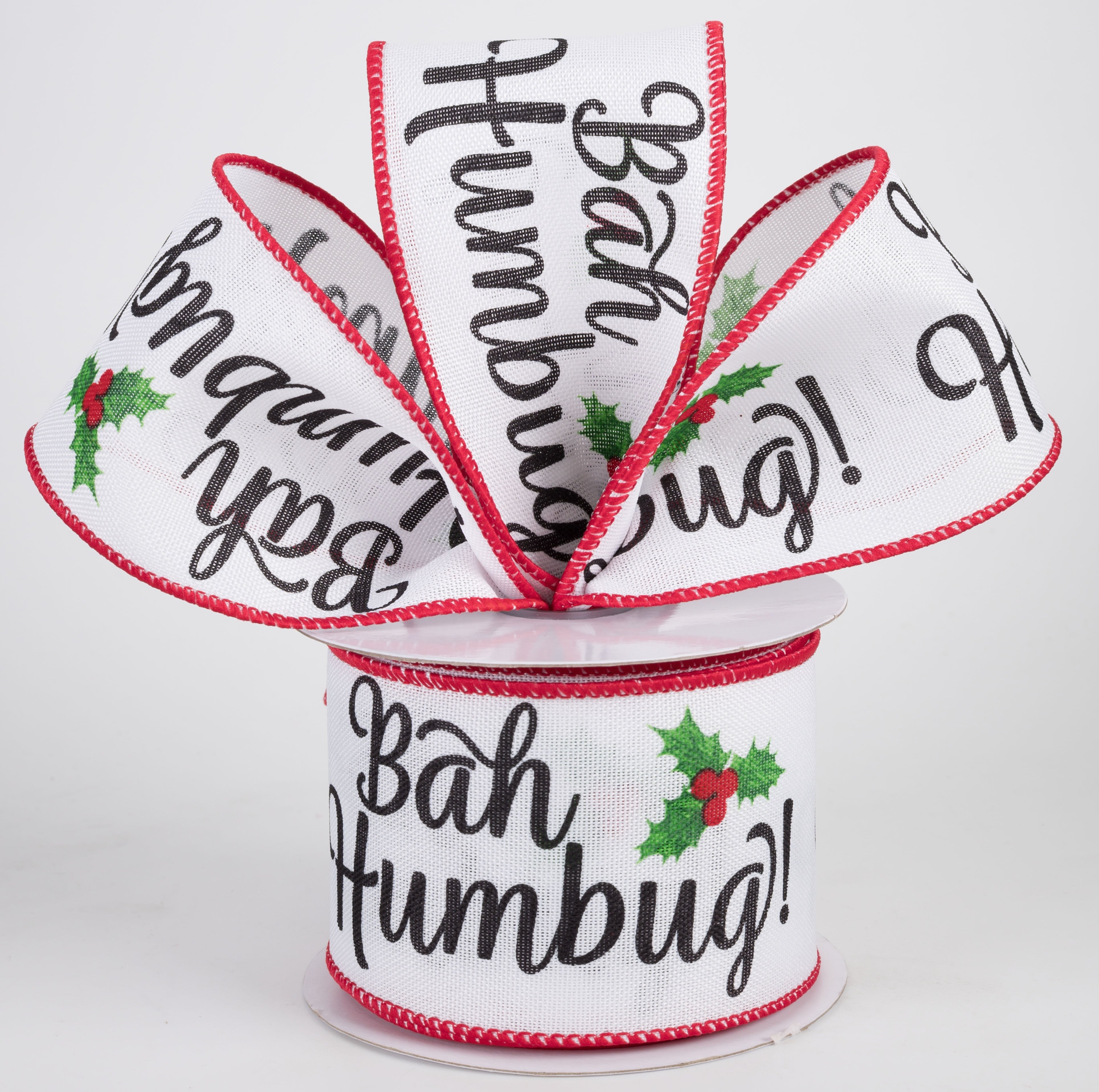 2.5" Bah Humbug Ribbon: White (10 Yards) Lifestyle Photo