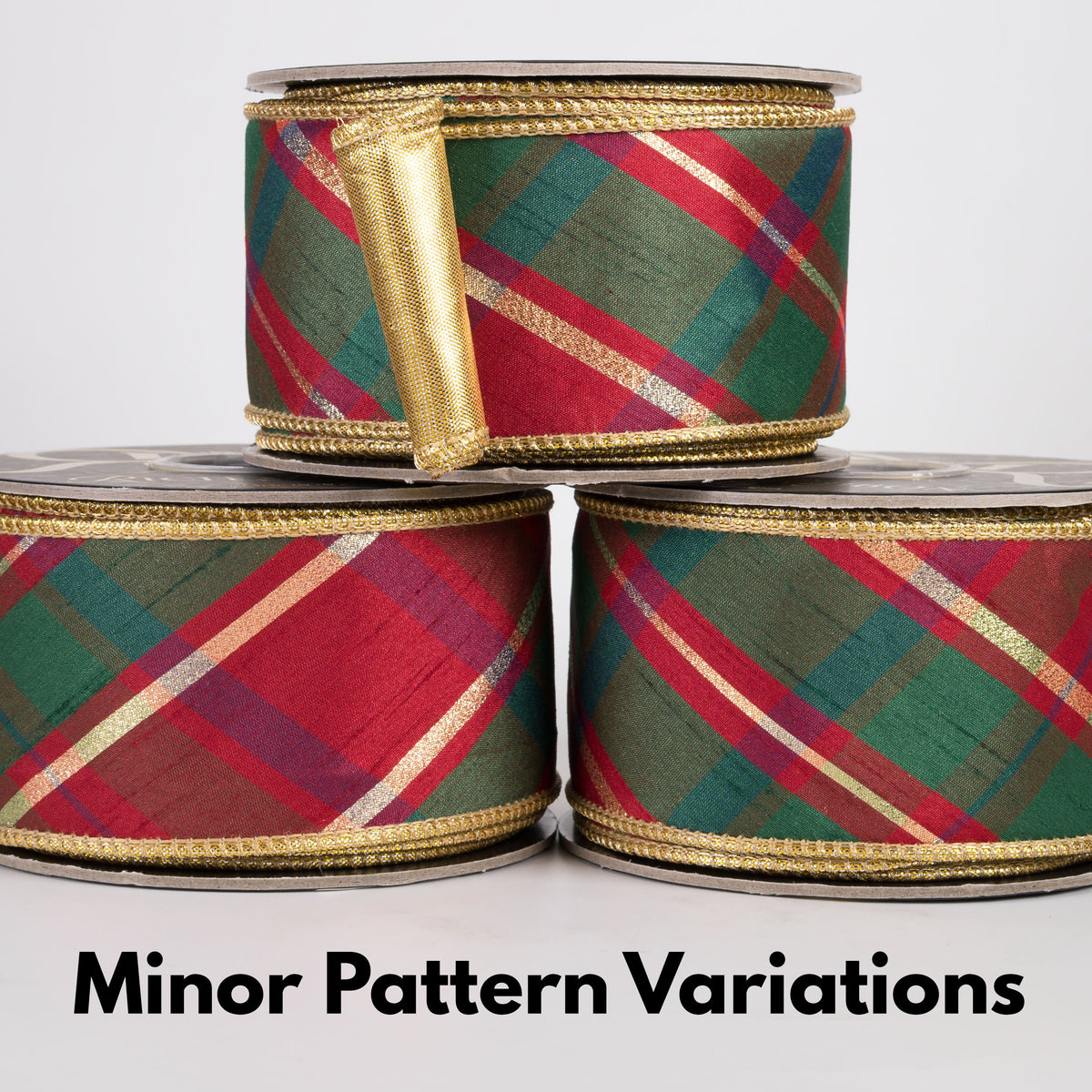 2.5" Bias Plaid Dupioni & Metallic Dupioni Fused Ribbon: Red, Green & Dark Gold (10 Yards) Lifestyle Photo