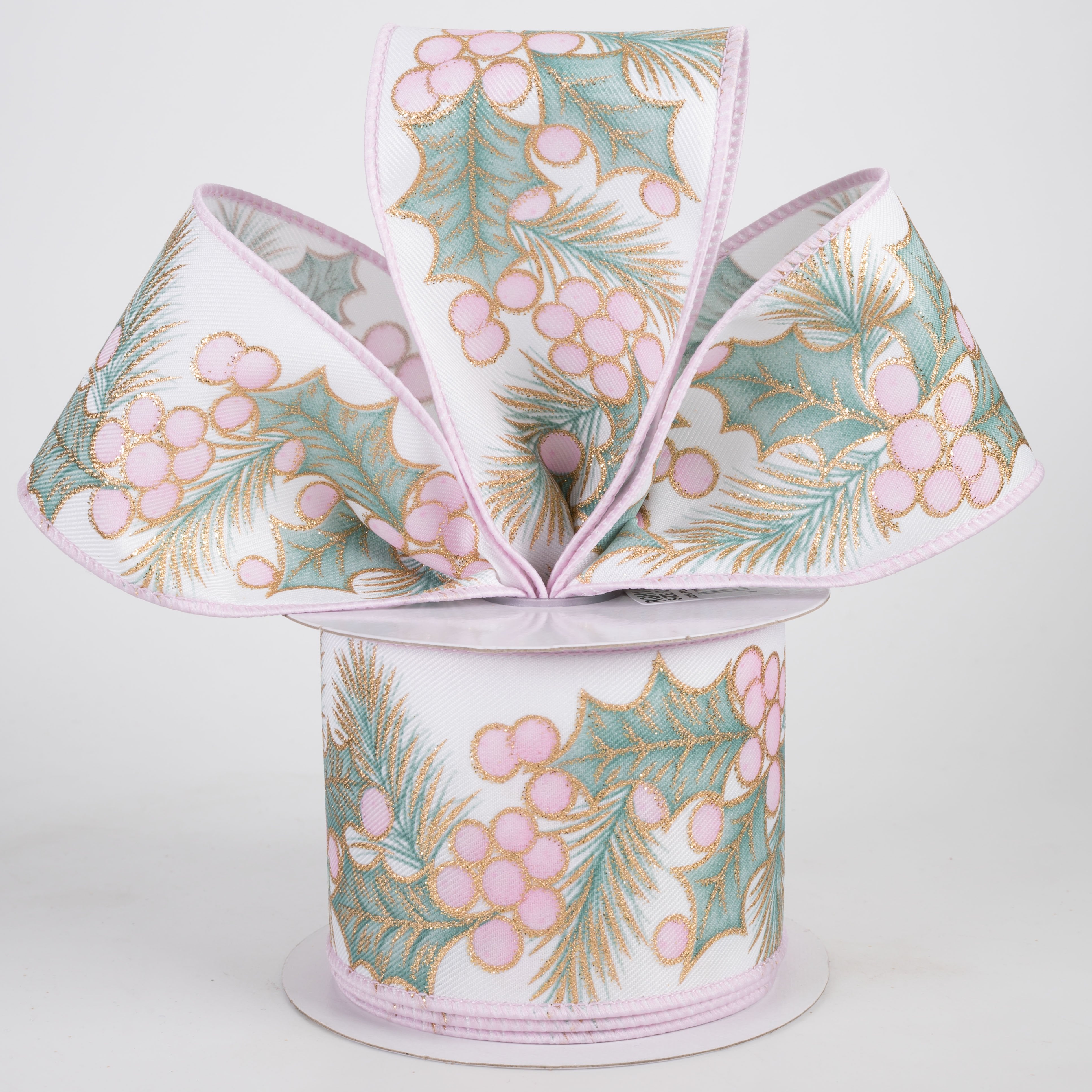 2.5" Bold Holly & Berries Ribbon: Pink, Sage & Gold (10 Yards) Lifestyle Photo