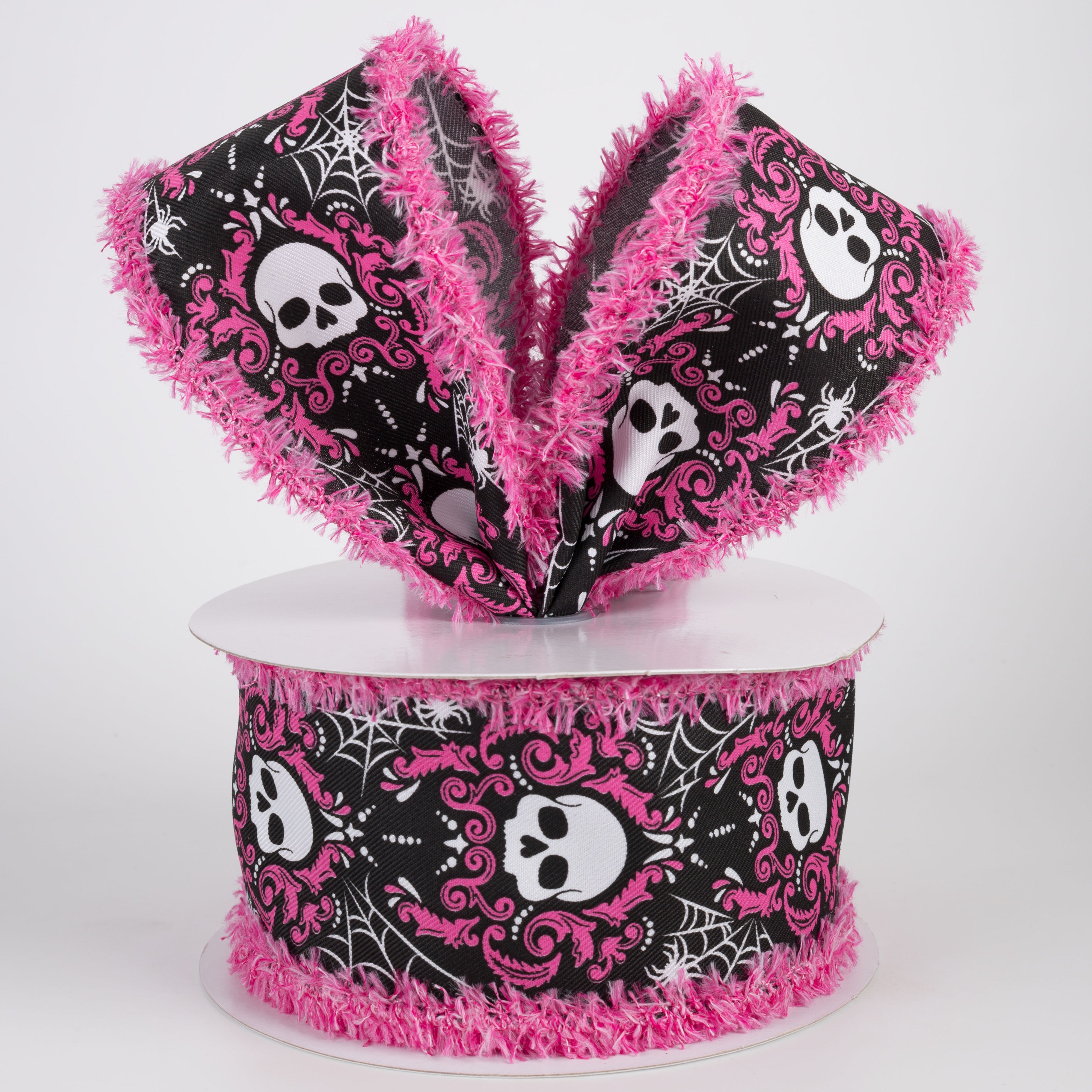2.5" Damask Skull Fuzzy Edge Ribbon: Black & Hot Pink (10 Yards) Lifestyle Photo