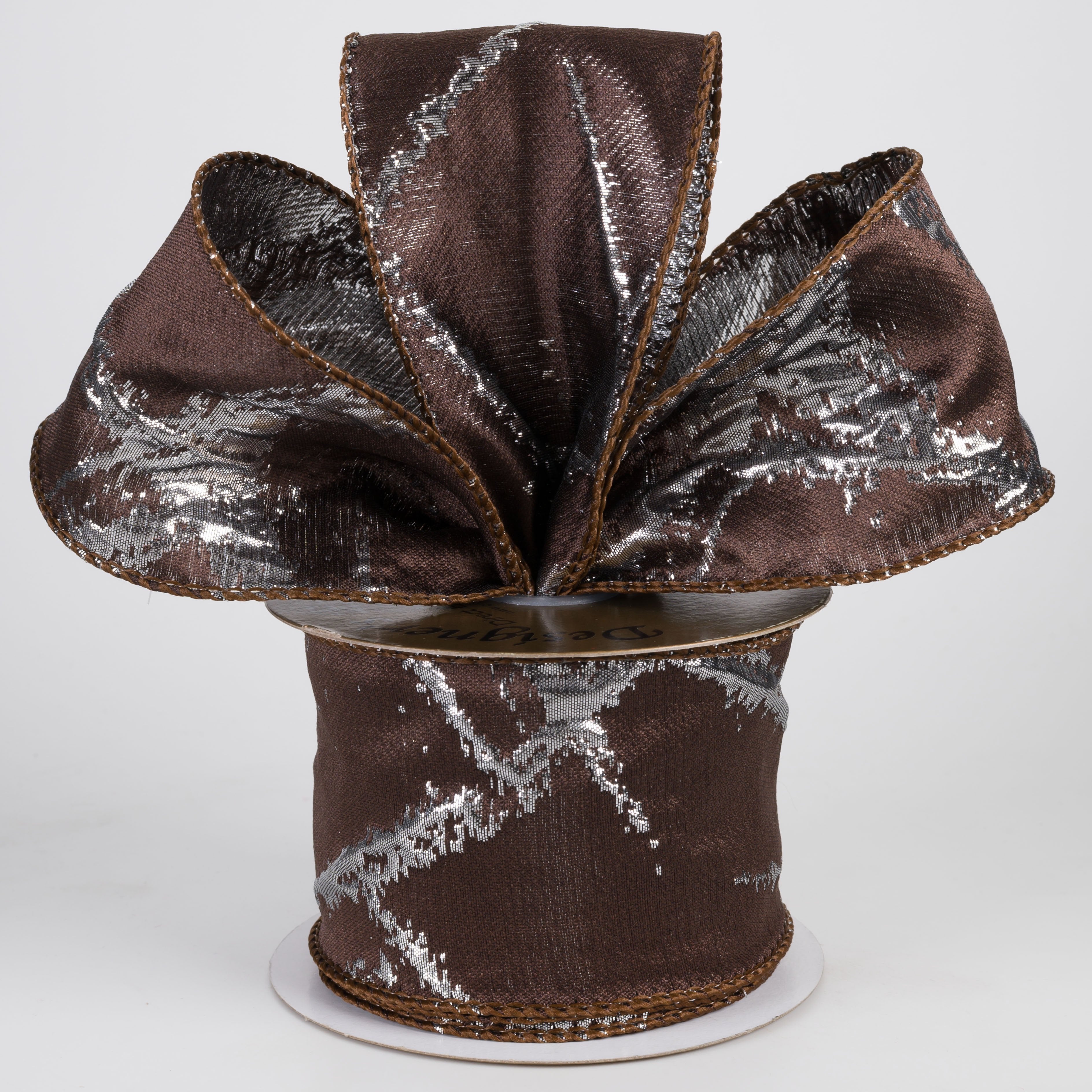2.5" Designer Abstract Pattern Ribbon: Chocolate & Silver (10 Yards) Lifestyle Photo