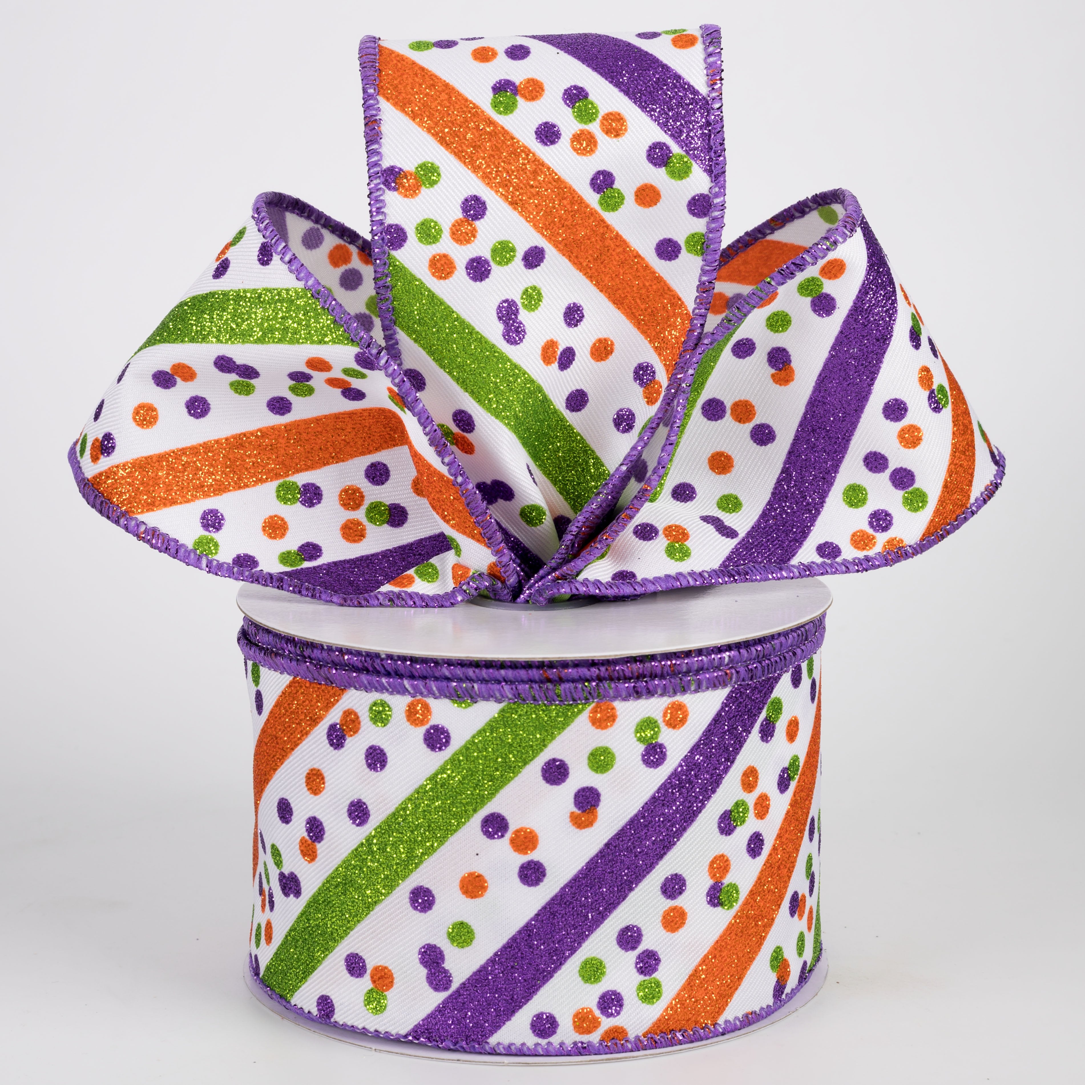 2.5" Diagonal Glitter Stripes & Confetti Dots Ribbon: Bright Halloween (10 Yards) Lifestyle Photo