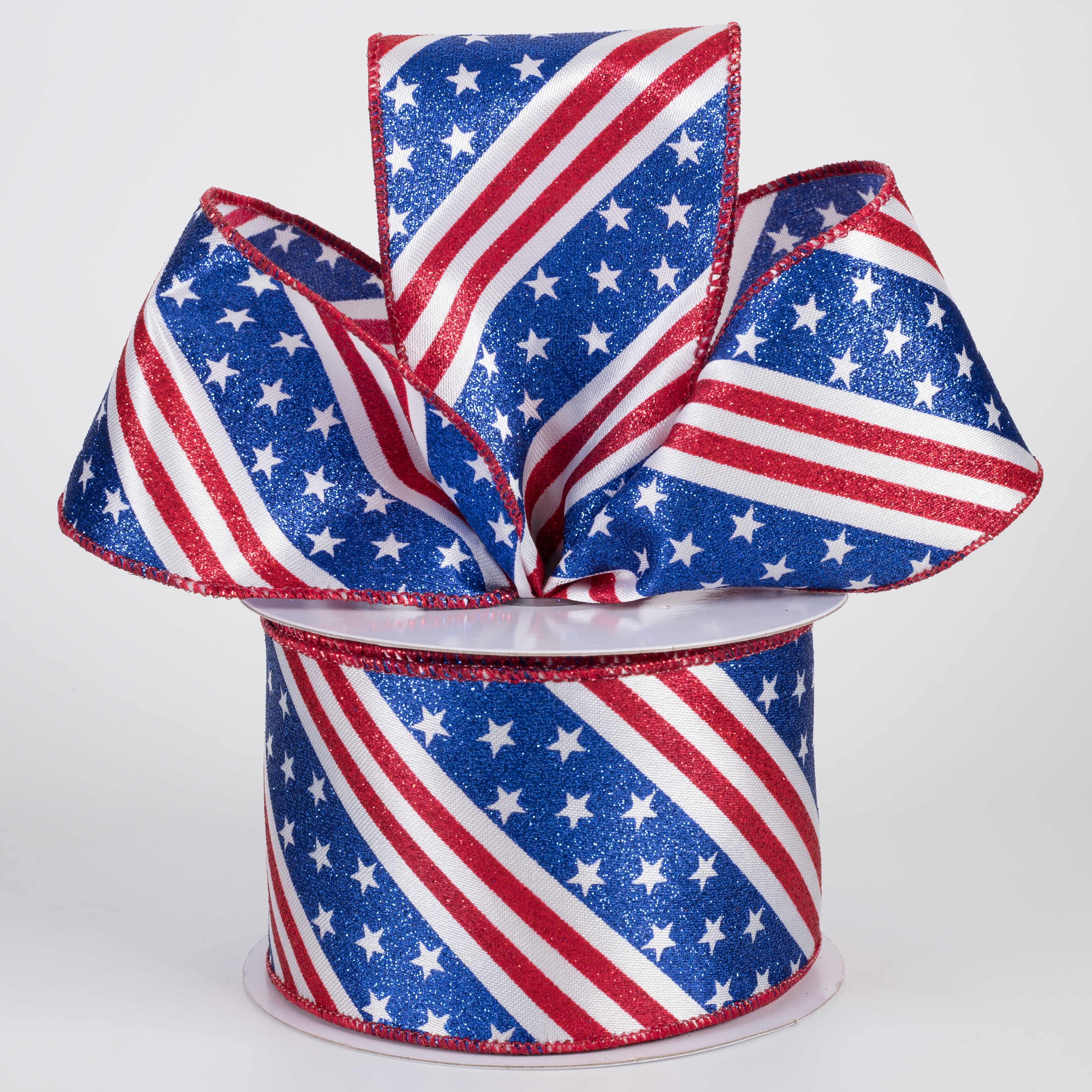 2.5" Diagonal Glittered Stars & Stripes Ribbon: Red, White & Blue (10 Yards) Lifestyle Photo