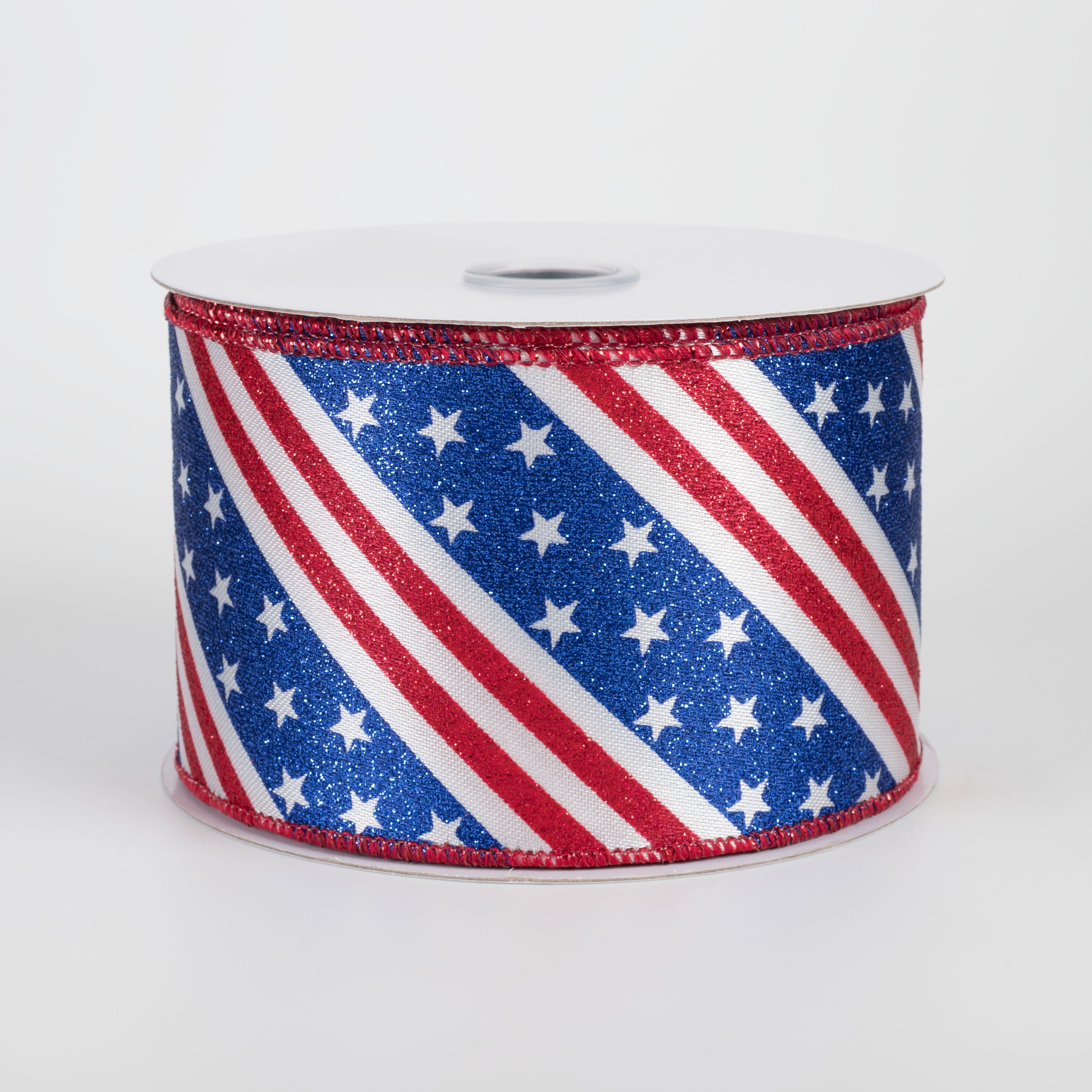2.5" Diagonal Glittered Stars & Stripes Ribbon: Red, White & Blue (10 Yards) Item Number: RGH1096A1