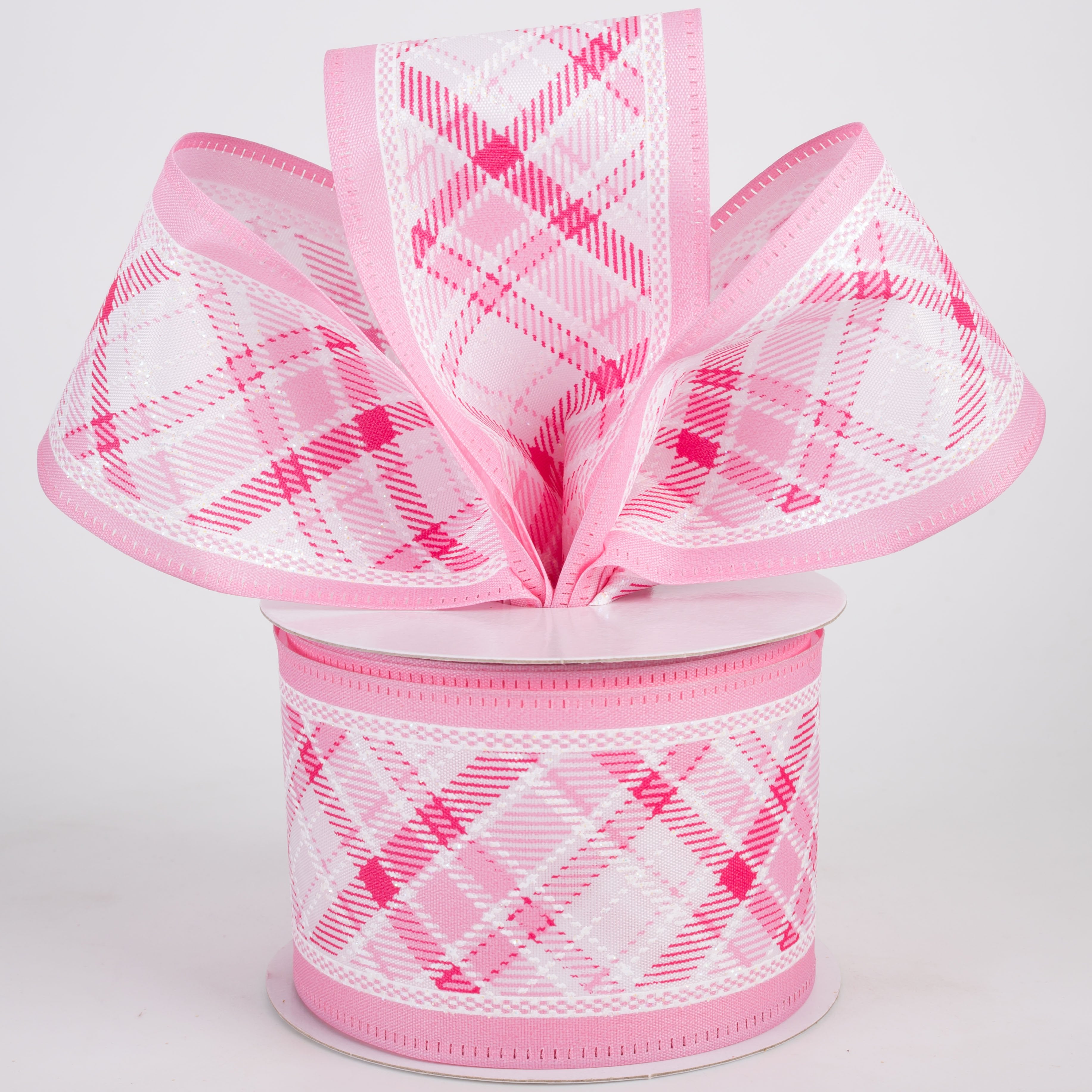 2.5" Diagonal Plaid Edge Ribbon: Pink & White (10 Yards) Lifestyle Photo