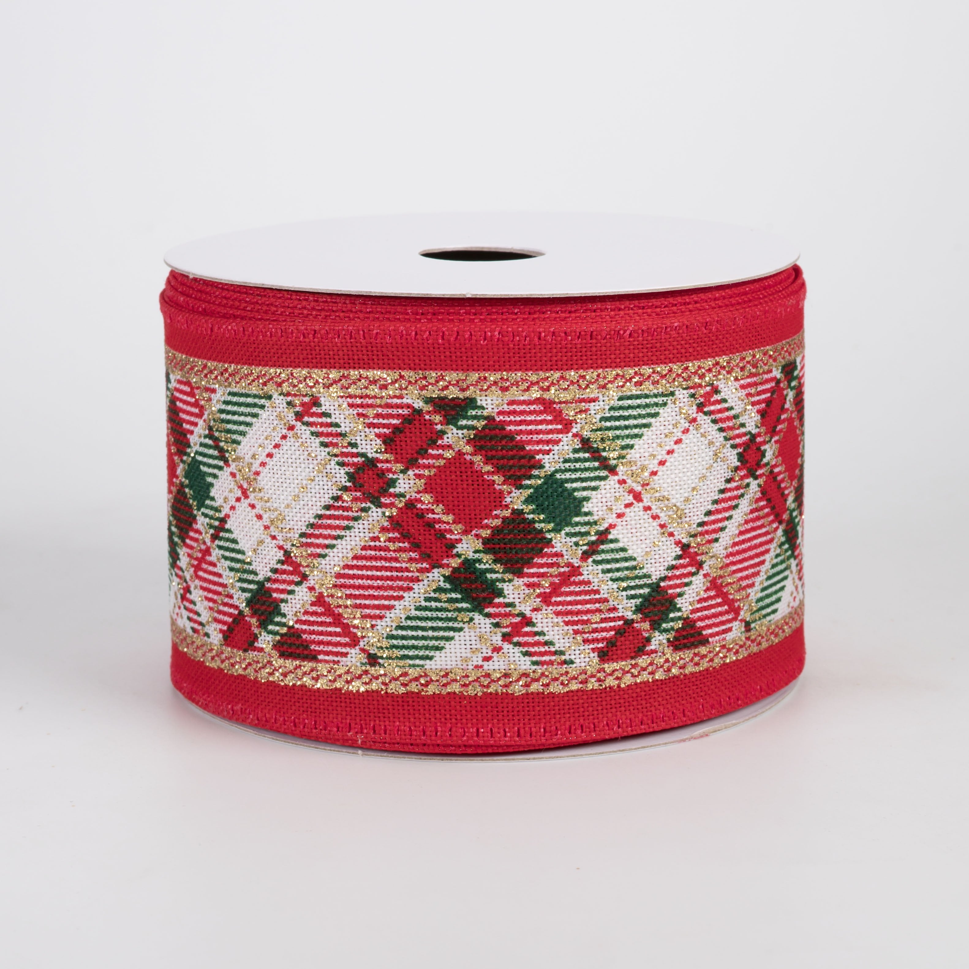 2.5" Diagonal Plaid Edge Ribbon: Red, Green & Gold (10 Yards) Item Number: 76604-40-15