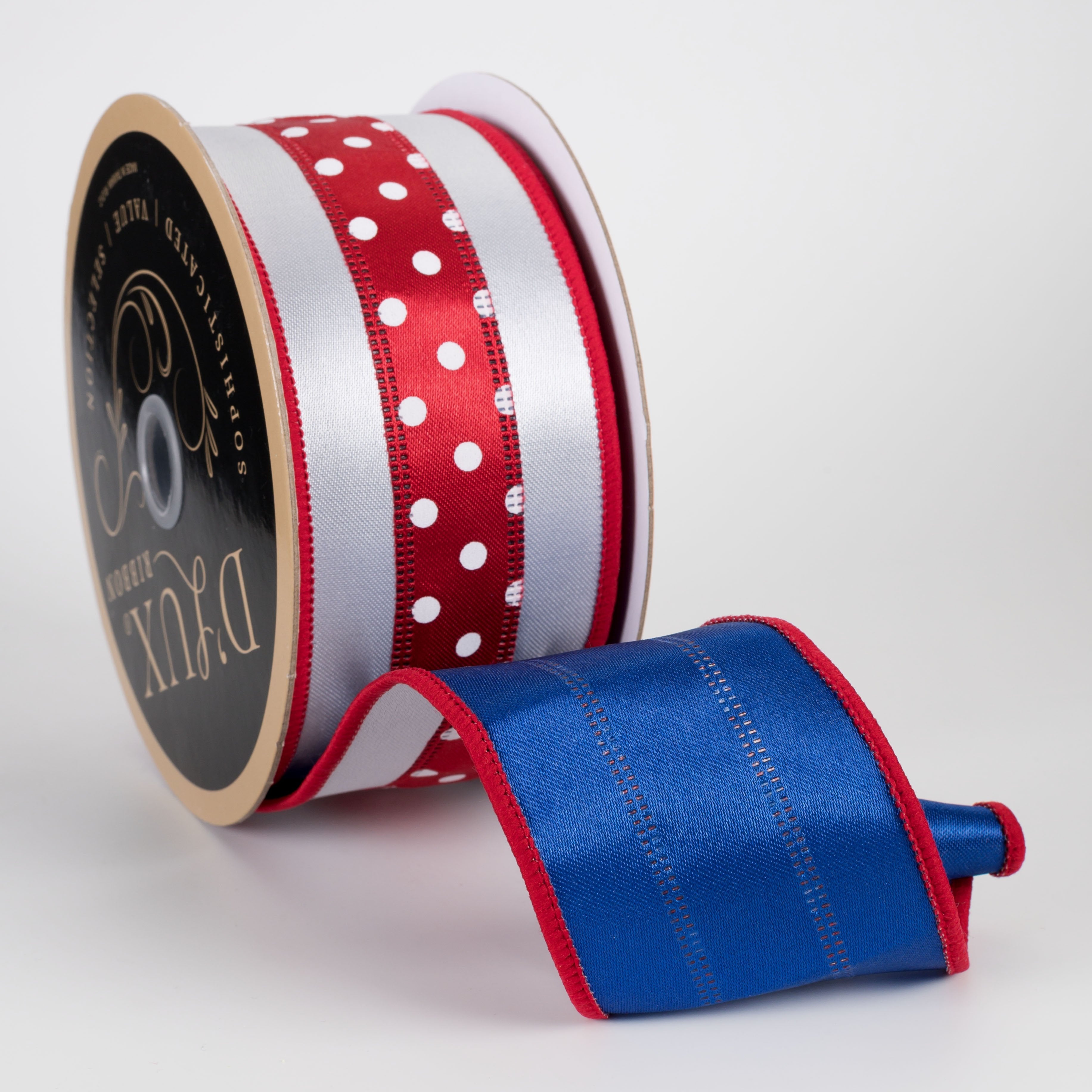2.5" Double Sided Fused 3-in-1 Polka Dot Ribbon: Red, White & Blue (10 Yards) detail photo 3