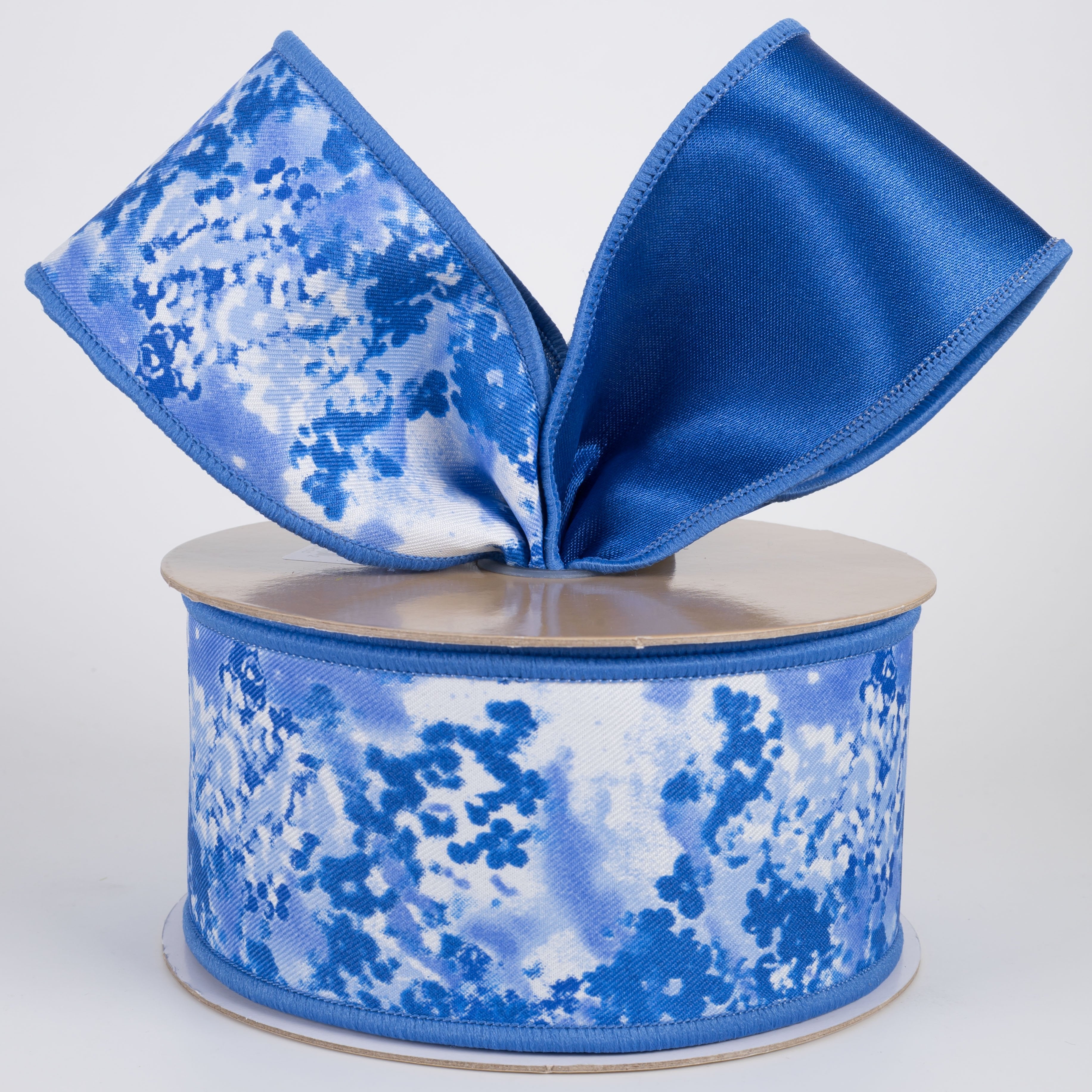 2.5" Double Sided Fused Abstract Print Ribbon: Blues & White (10 Yards) Lifestyle Photo