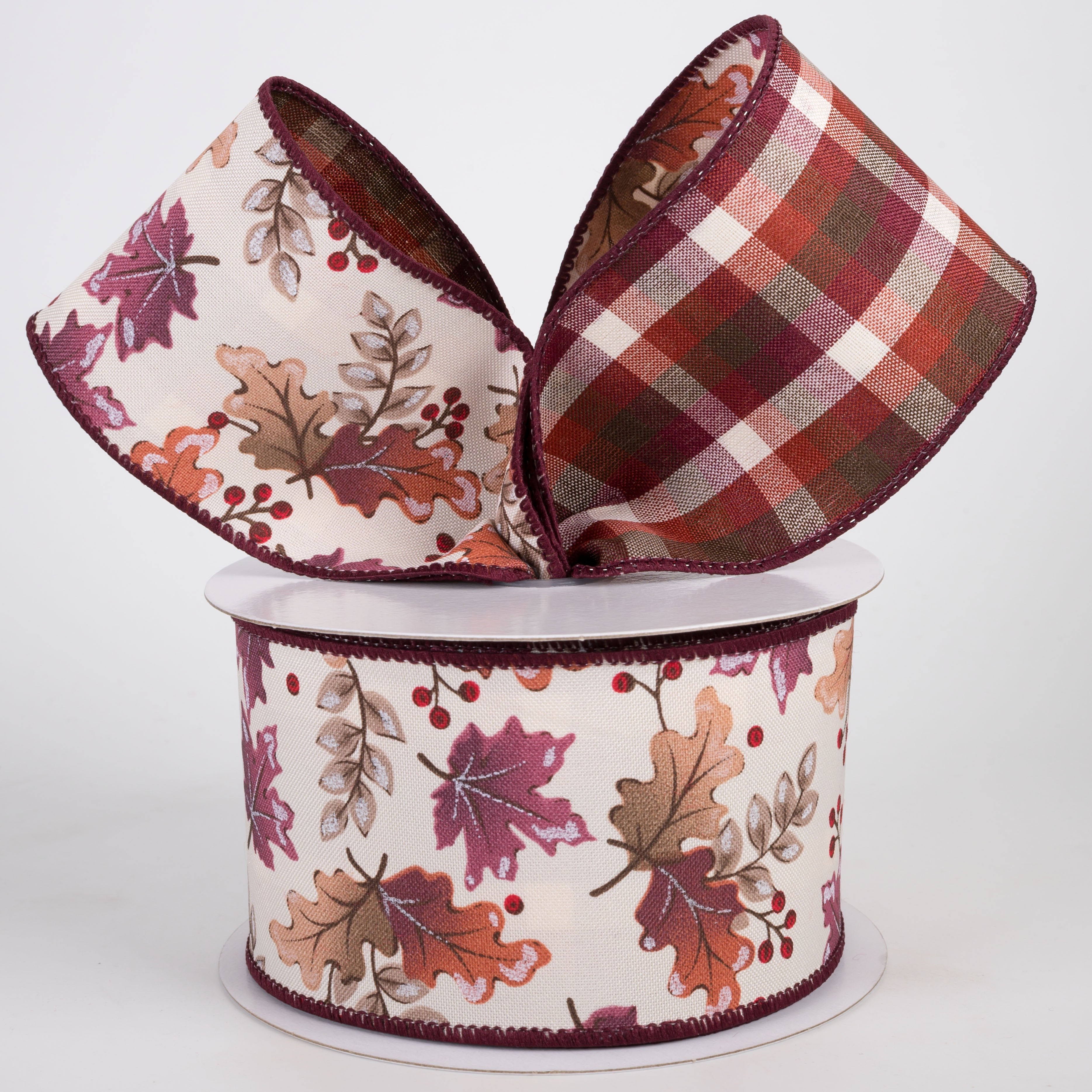 2.5" Double Sided Fused Autumn Leaves & Plaid Ribbon: Burgundy & Toffee (10 Yards) Lifestyle Photo