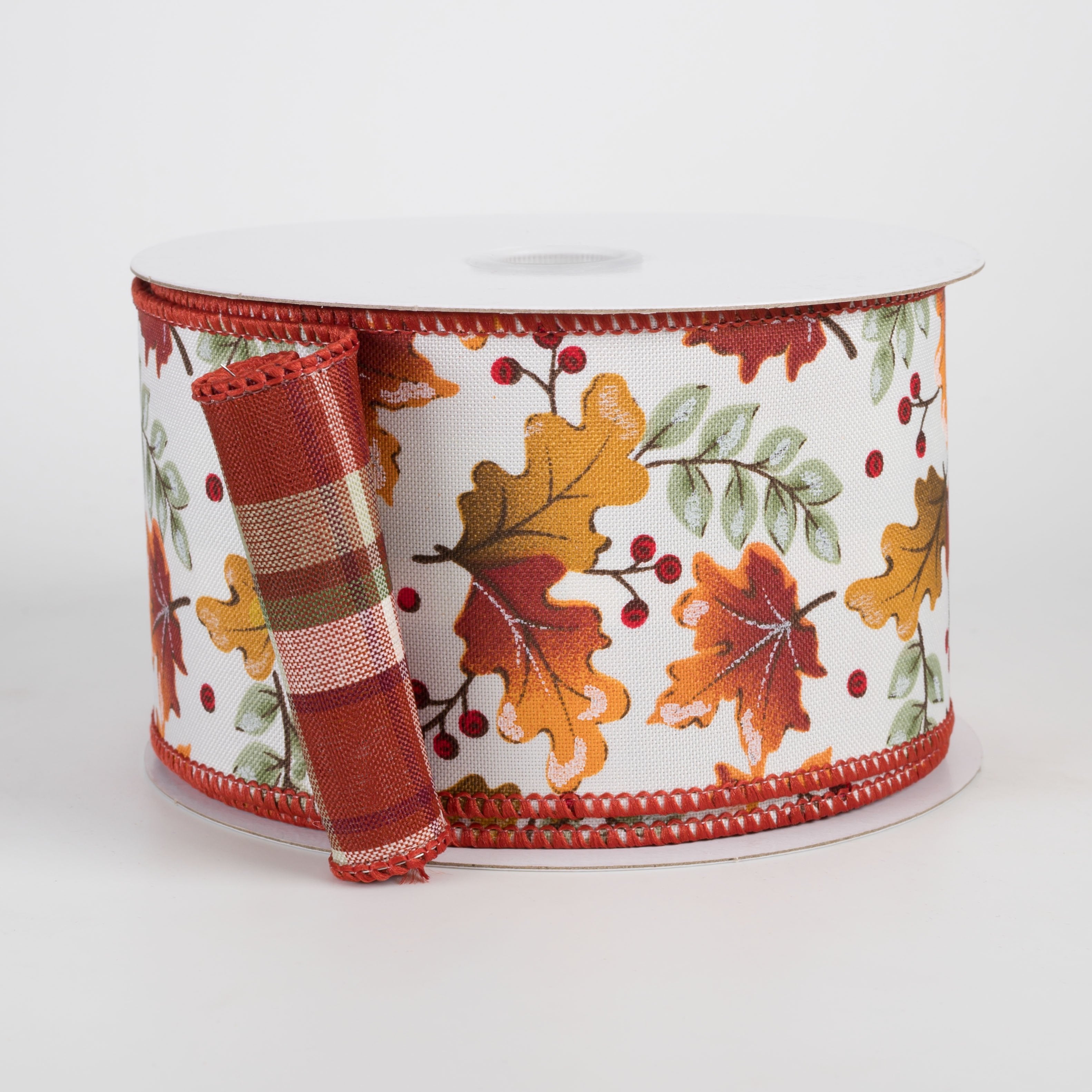 2.5" Double Sided Fused Autumn Leaves & Plaid Ribbon: Sage & Rust (10 Yards) Item Number: D62601-40-06