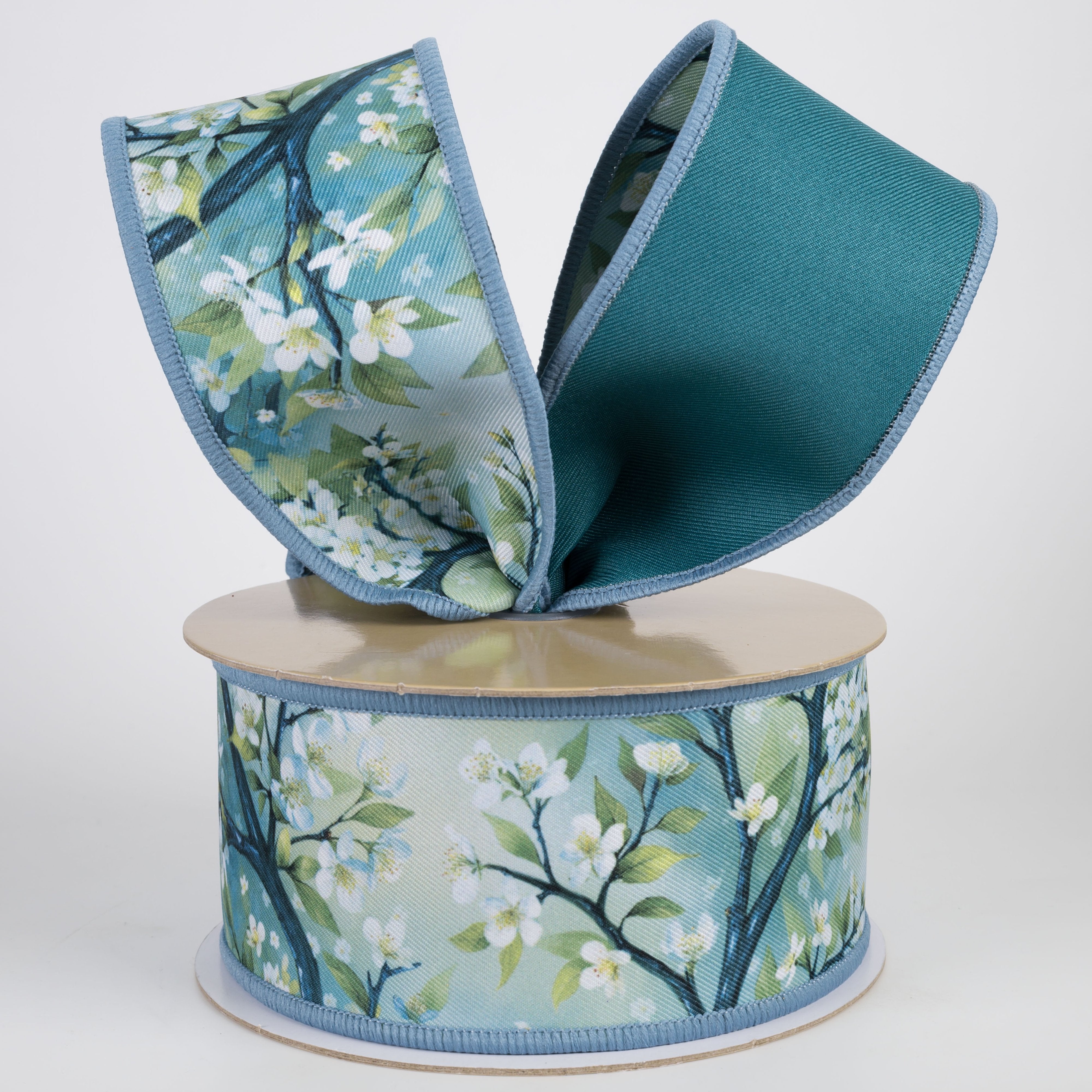 2.5" Double Sided Fused Cherry Blossoms Ribbon: Teal (10 Yards) Lifestyle Photo