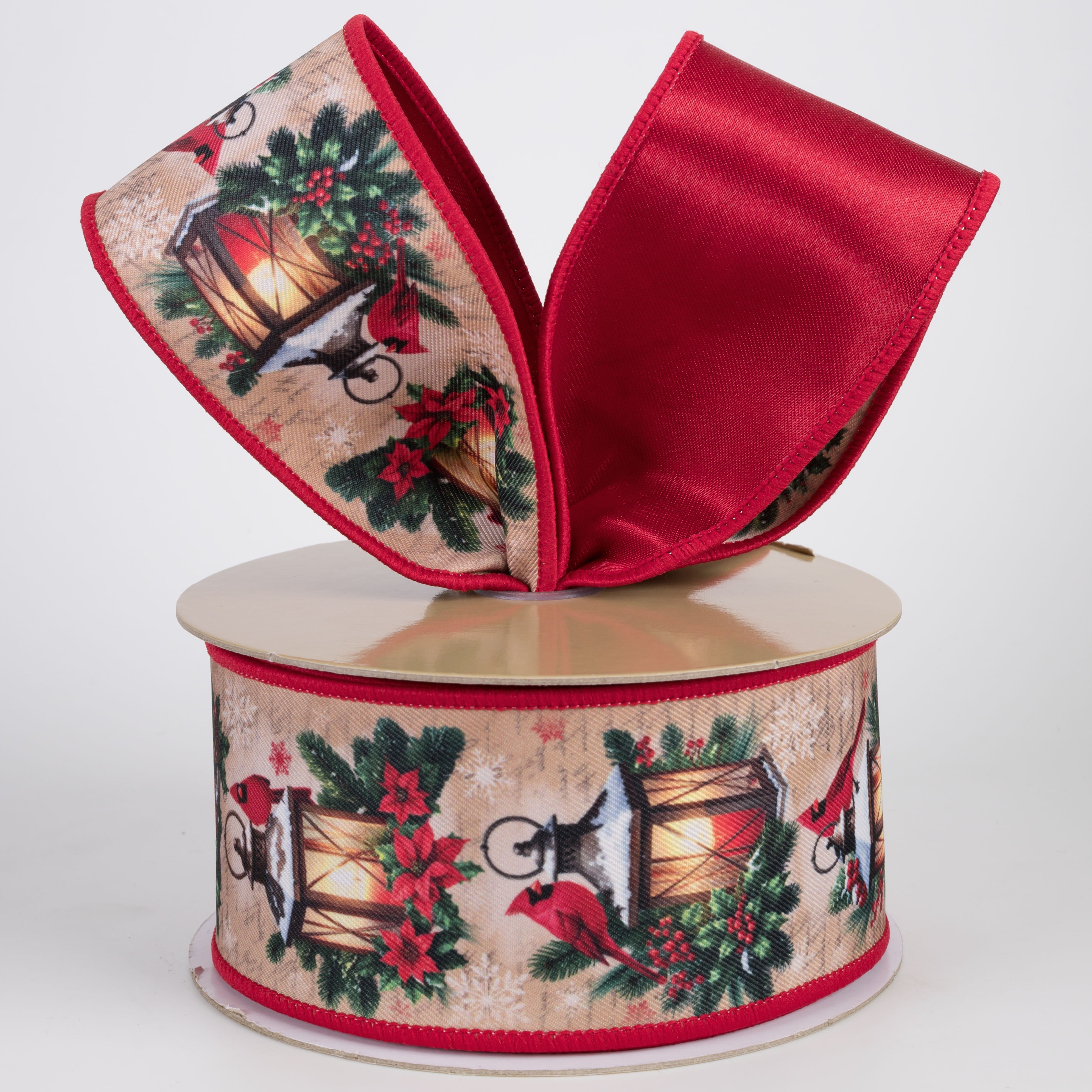 2.5" Double Sided Fused Christmas Cardinal Lantern Ribbon: Red (10 Yards) Lifestyle Photo