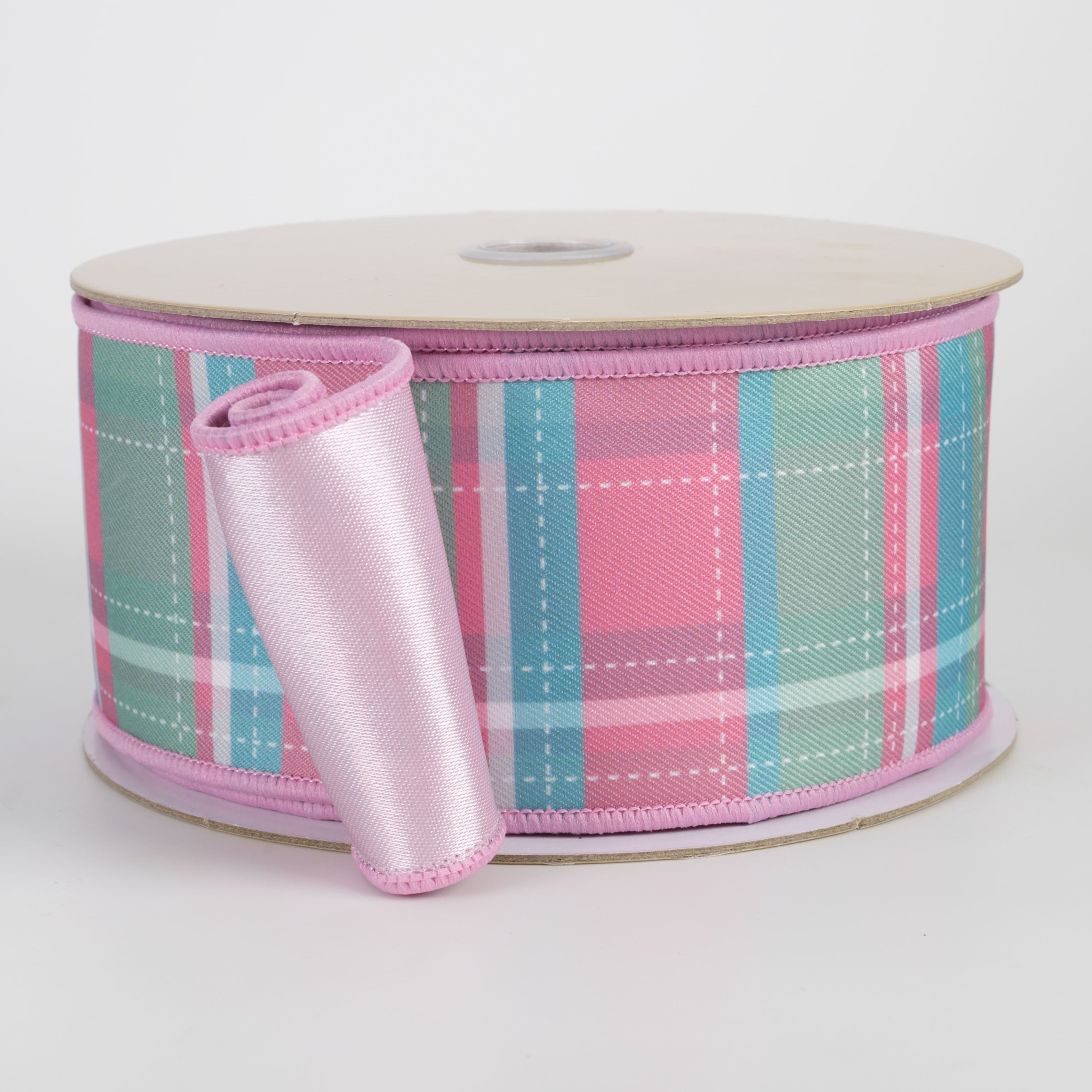 2.5" Double Sided Fused Dashed Plaid Ribbon: Pink & Mint (10 Yards) Item Number: LX1285WT