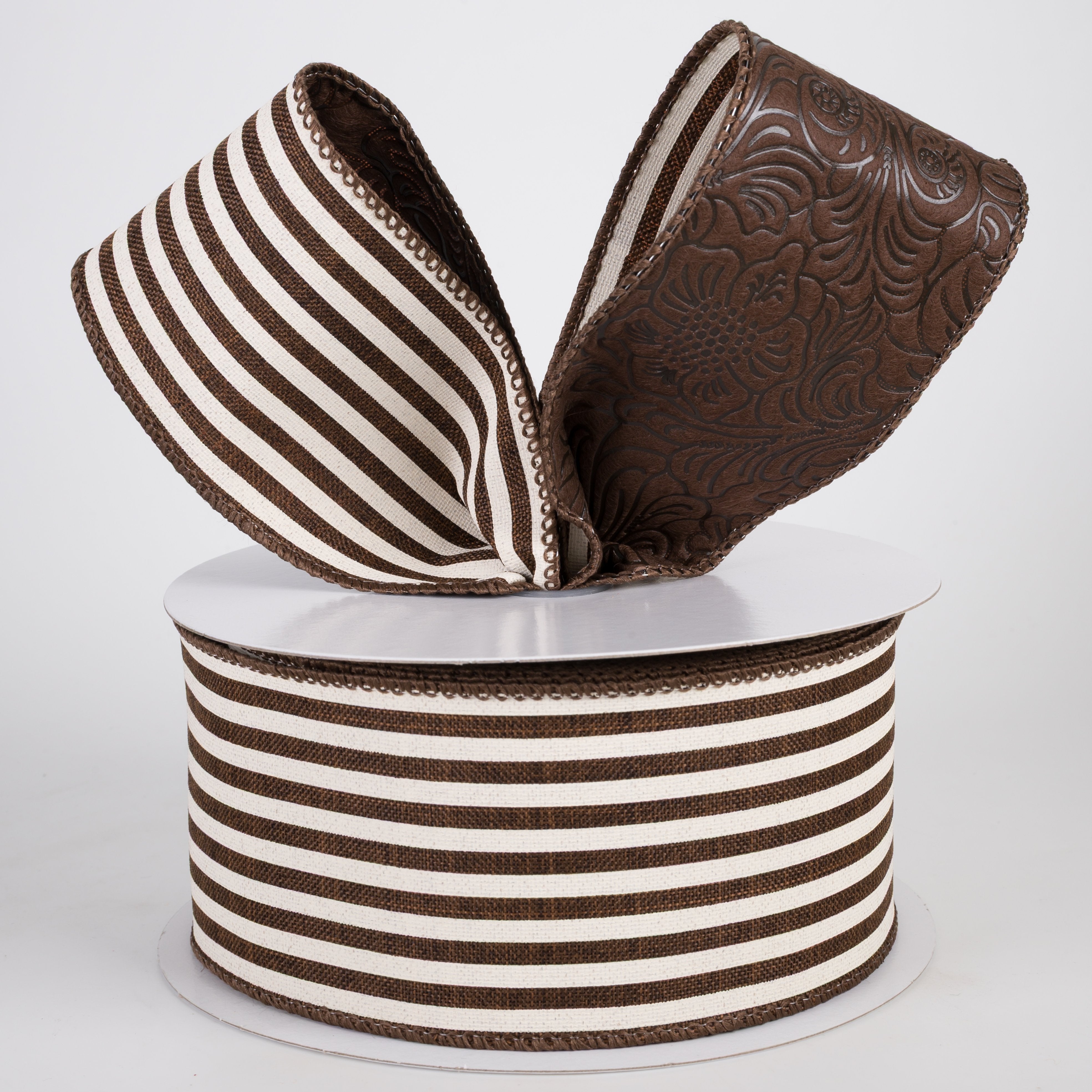 2.5" Double Sided Fused Embossed Floral & Stripes Ribbon: Cream & Brown (10 Yards) Lifestyle Photo