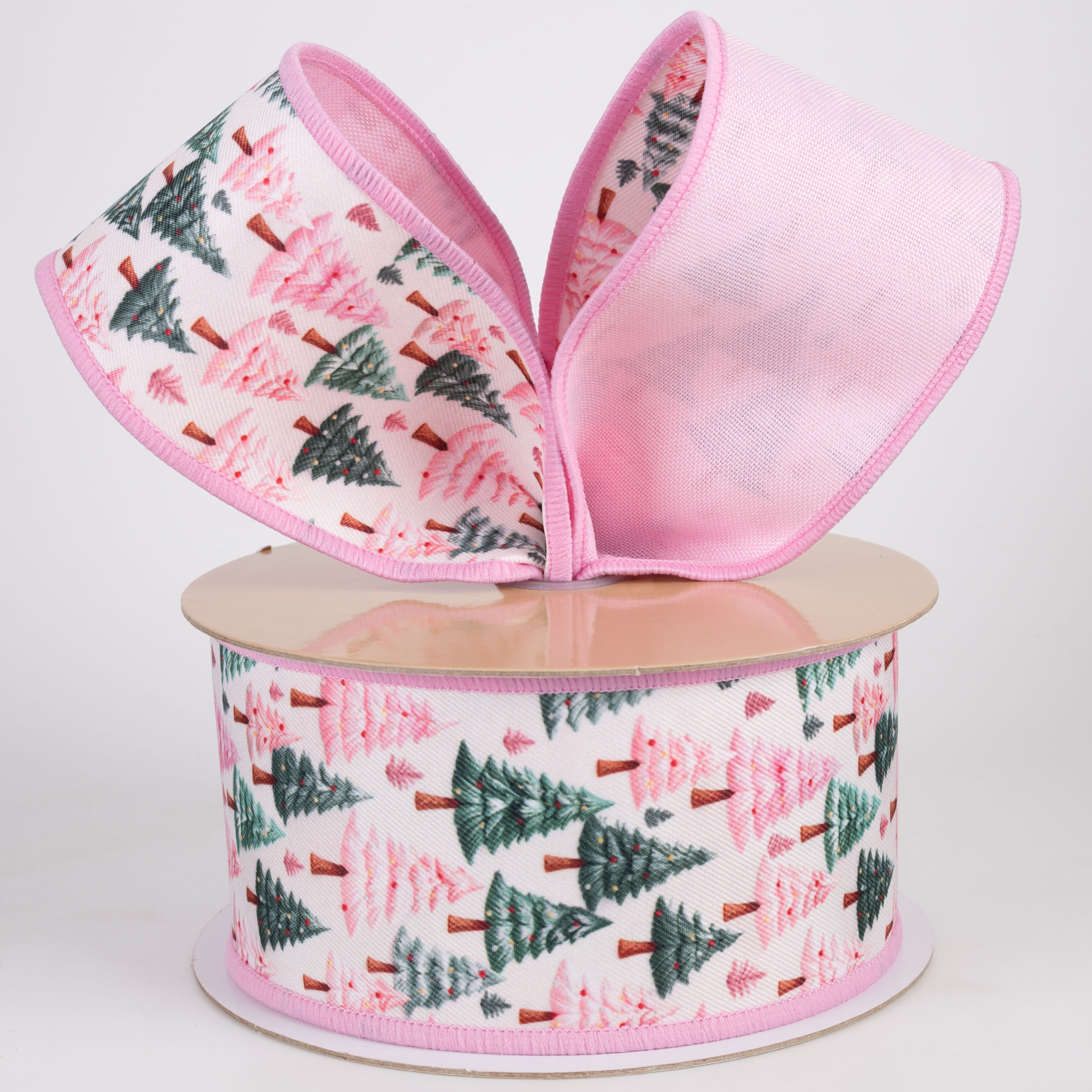 2.5" Double Sided Fused Festive Christmas Trees Ribbon: Ivory & Pink (10 Yards) Lifestyle Photo