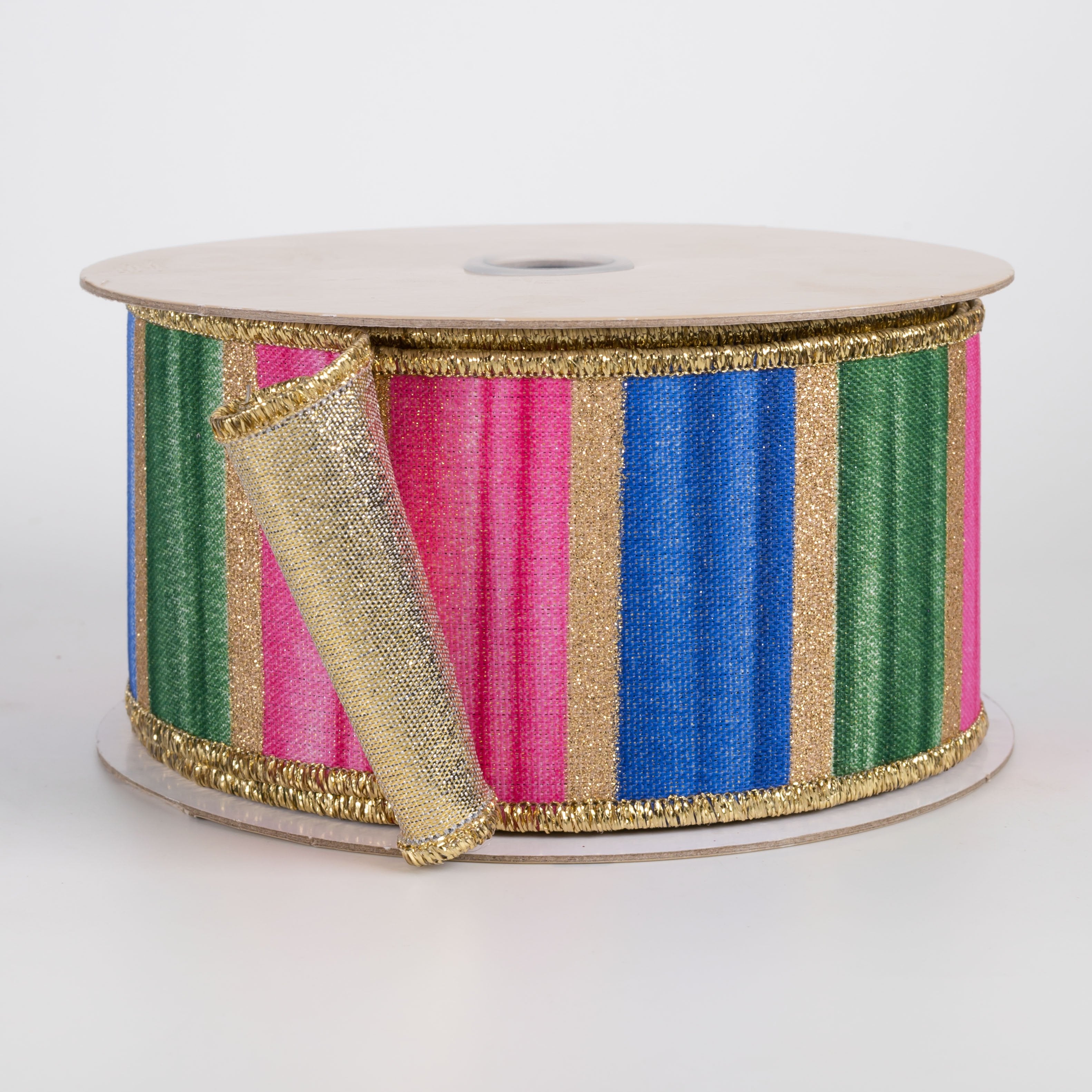 2.5" Double Sided Fused Glittered Watercolor Stripes Ribbon: Blue, Fuchsia & Green (10 Yards) Item Number: LX3340RW