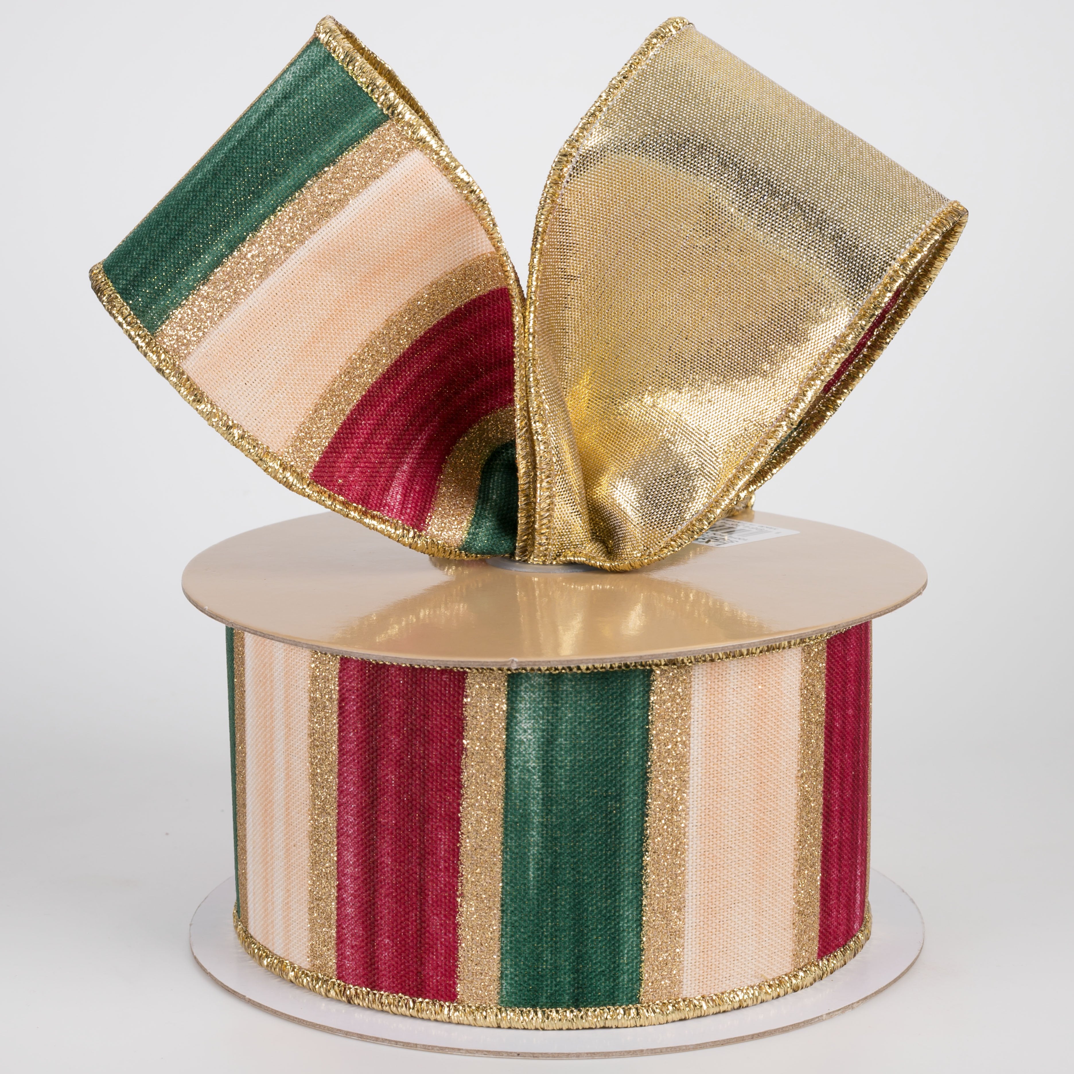 2.5" Double Sided Fused Glittered Watercolor Stripes Ribbon: Burgundy, Green & Cream (10 Yards) Lifestyle Photo