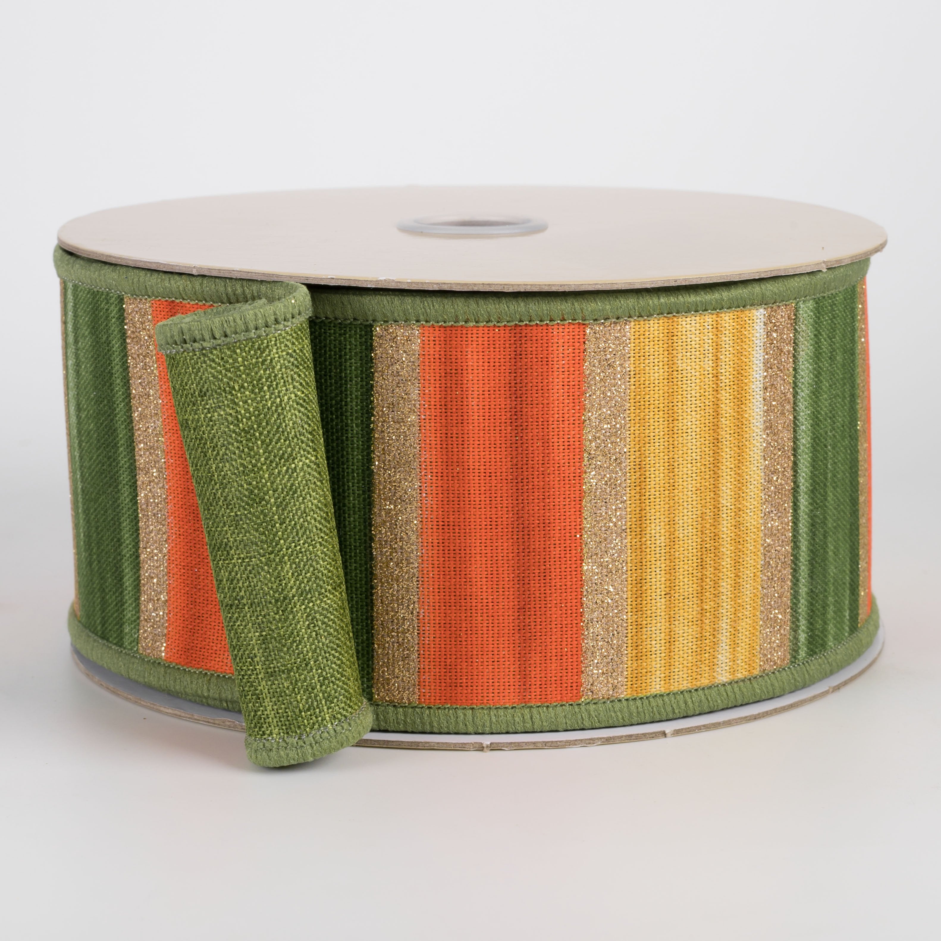 2.5" Double Sided Fused Glittered Watercolor Stripes Ribbon: Moss, Orange & Mustard (10 Yards) Item Number: LX3344C4
