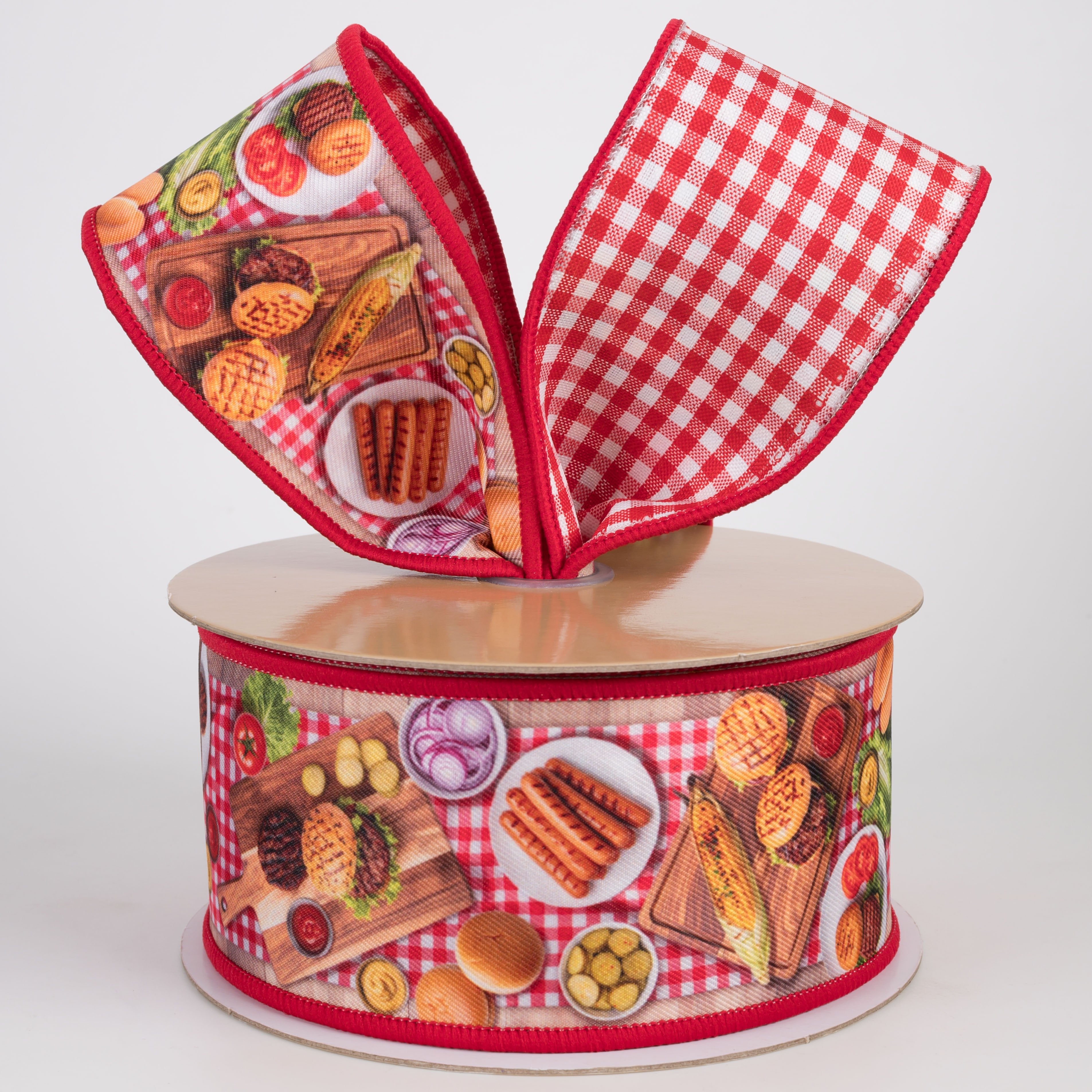 2.5" Double Sided Fused Grill Cookout Picnic Ribbon: Red & White Gingham (10 Yards) Lifestyle Photo
