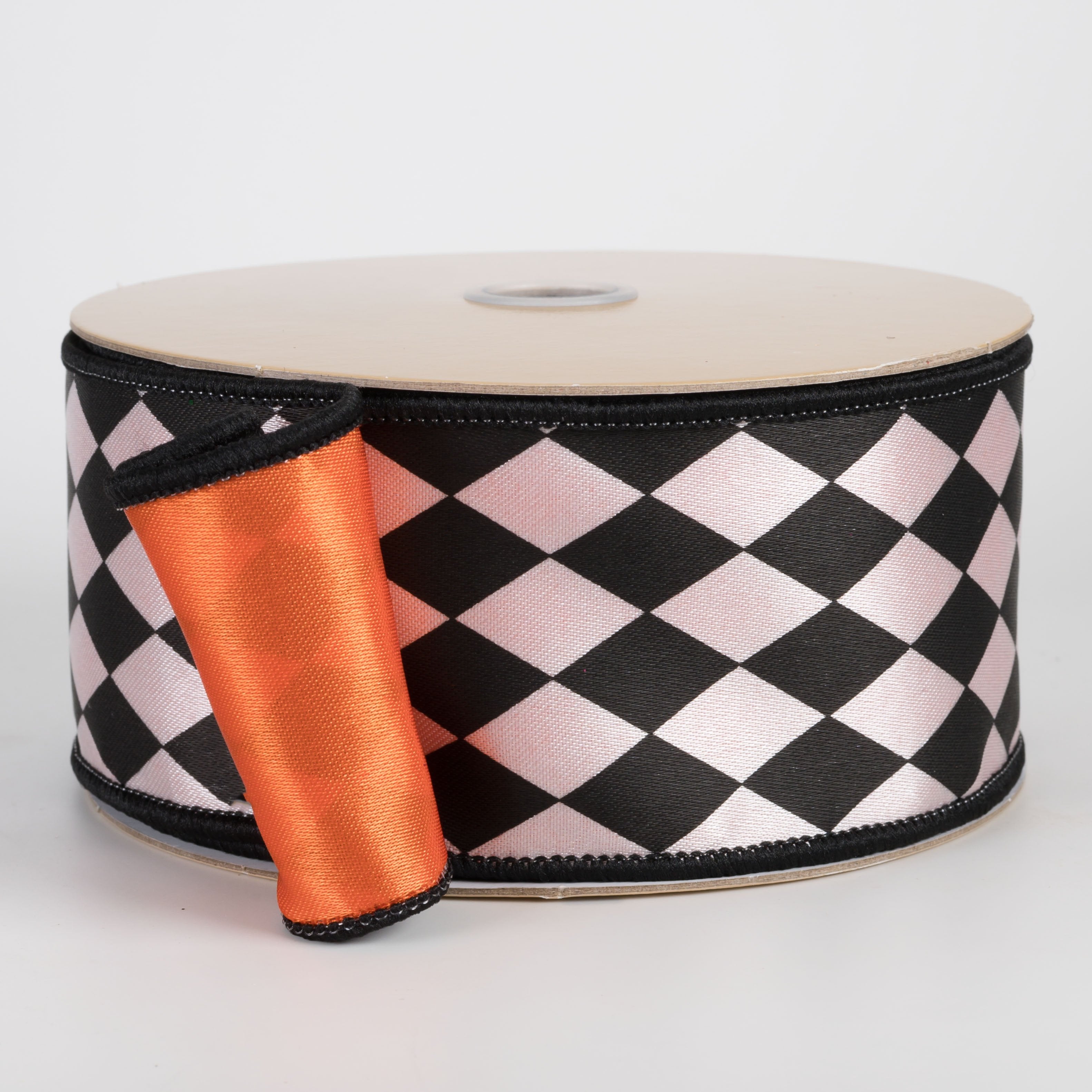 2.5" Double Sided Fused Harlequin Ribbon: Orange, Black & White (10 Yards) Item Number: LX305320