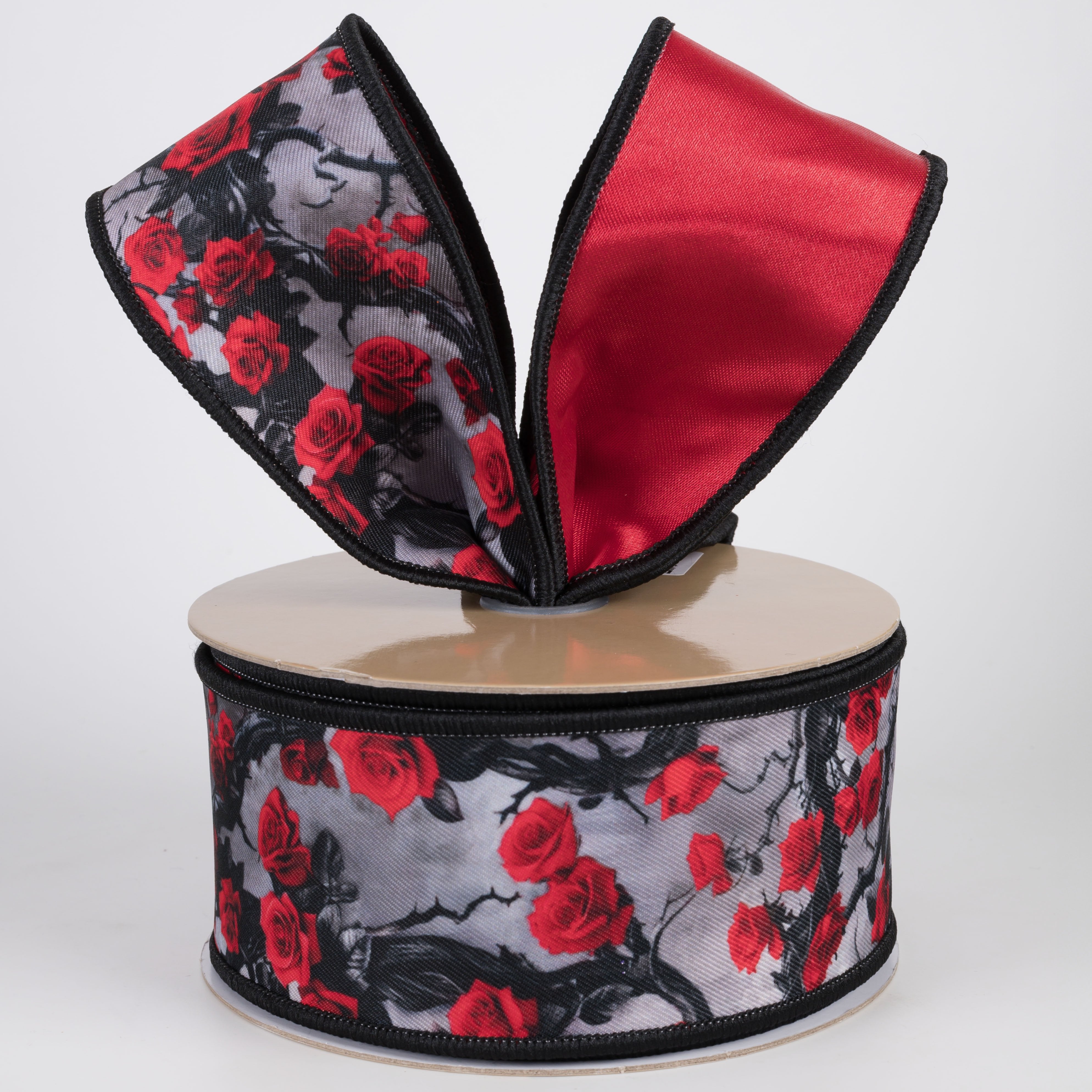 2.5" Double Sided Fused Roses & Vines Ribbon: Red & Black (10 Yards) Lifestyle Photo