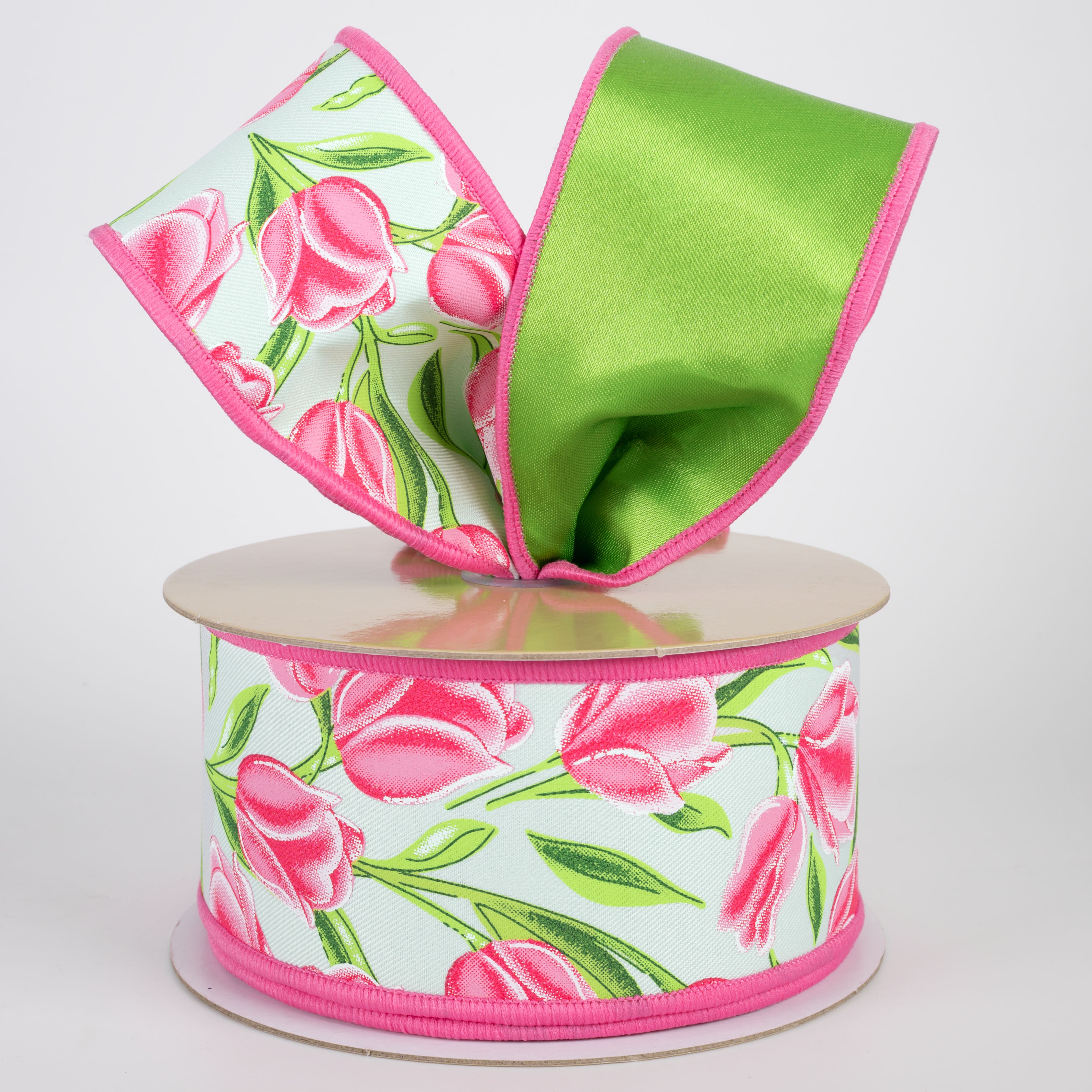 2.5" Double Sided Fused Tulips Ribbon: Pink & Green (10 Yards) Lifestyle Photo