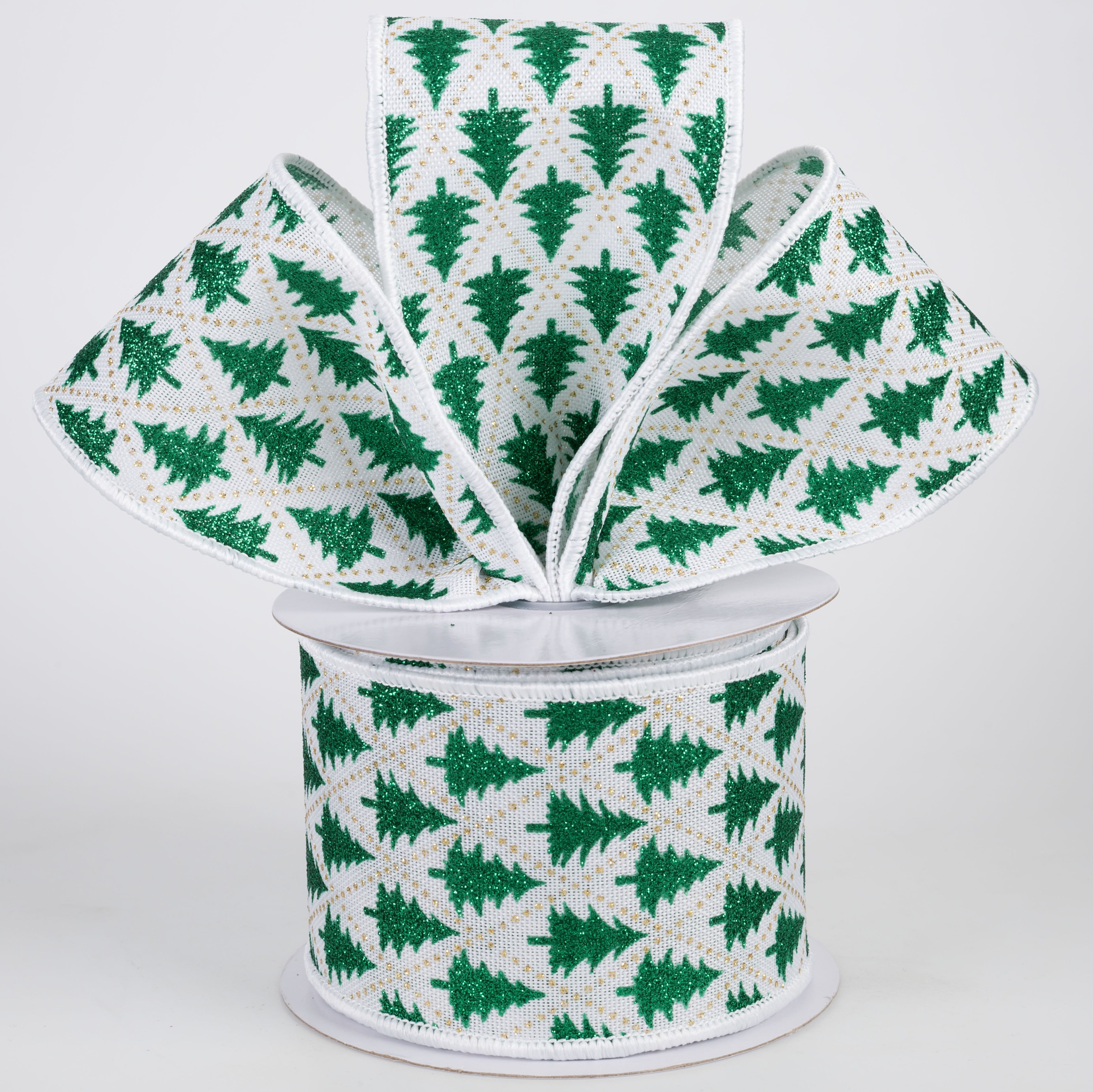 2.5" Glitter Christmas Tree Harlequin Ribbon: Emerald Green (10 Yards) Lifestyle Photo