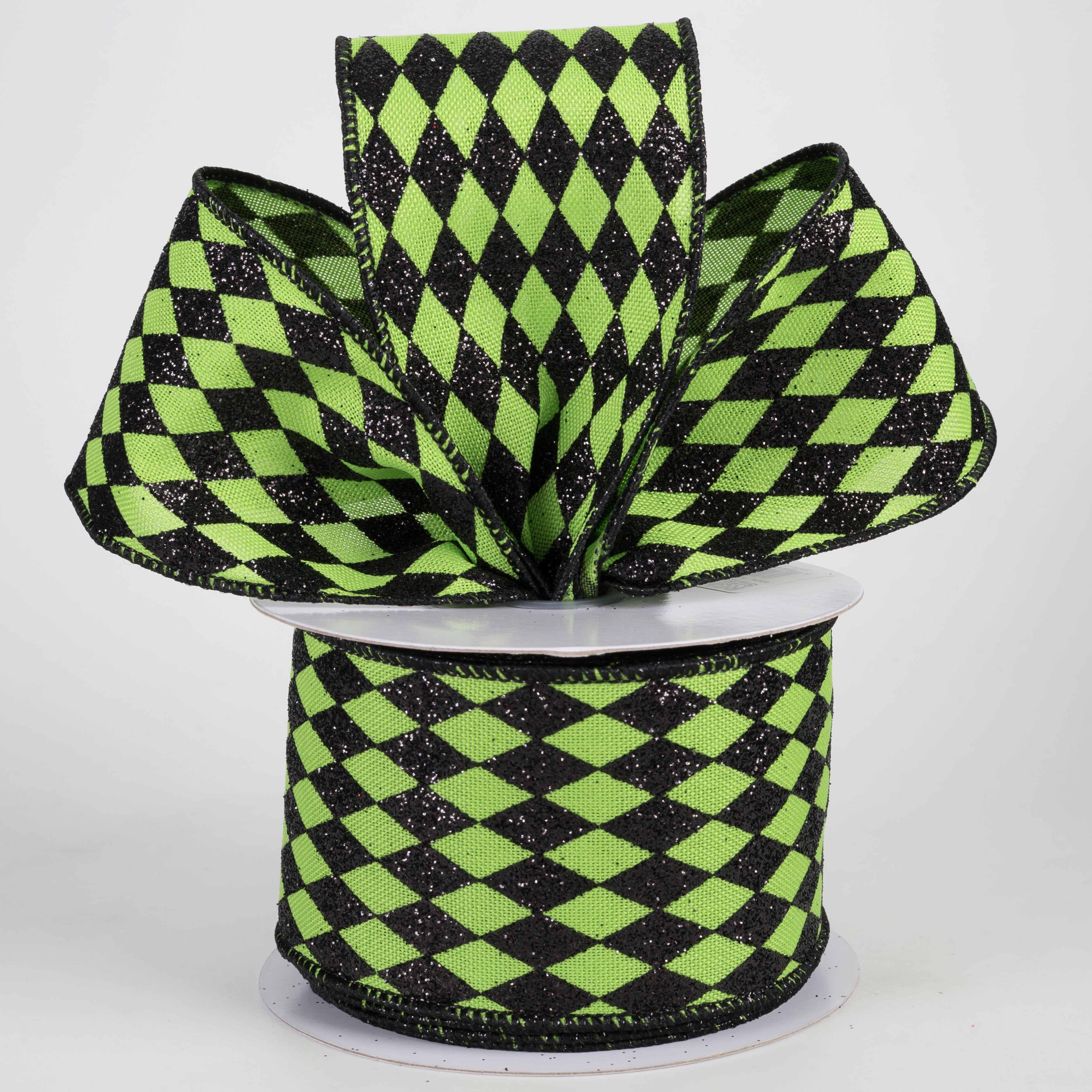 2.5" Glitter Harlequin Ribbon: Black on Green (10 Yards) Lifestyle Photo