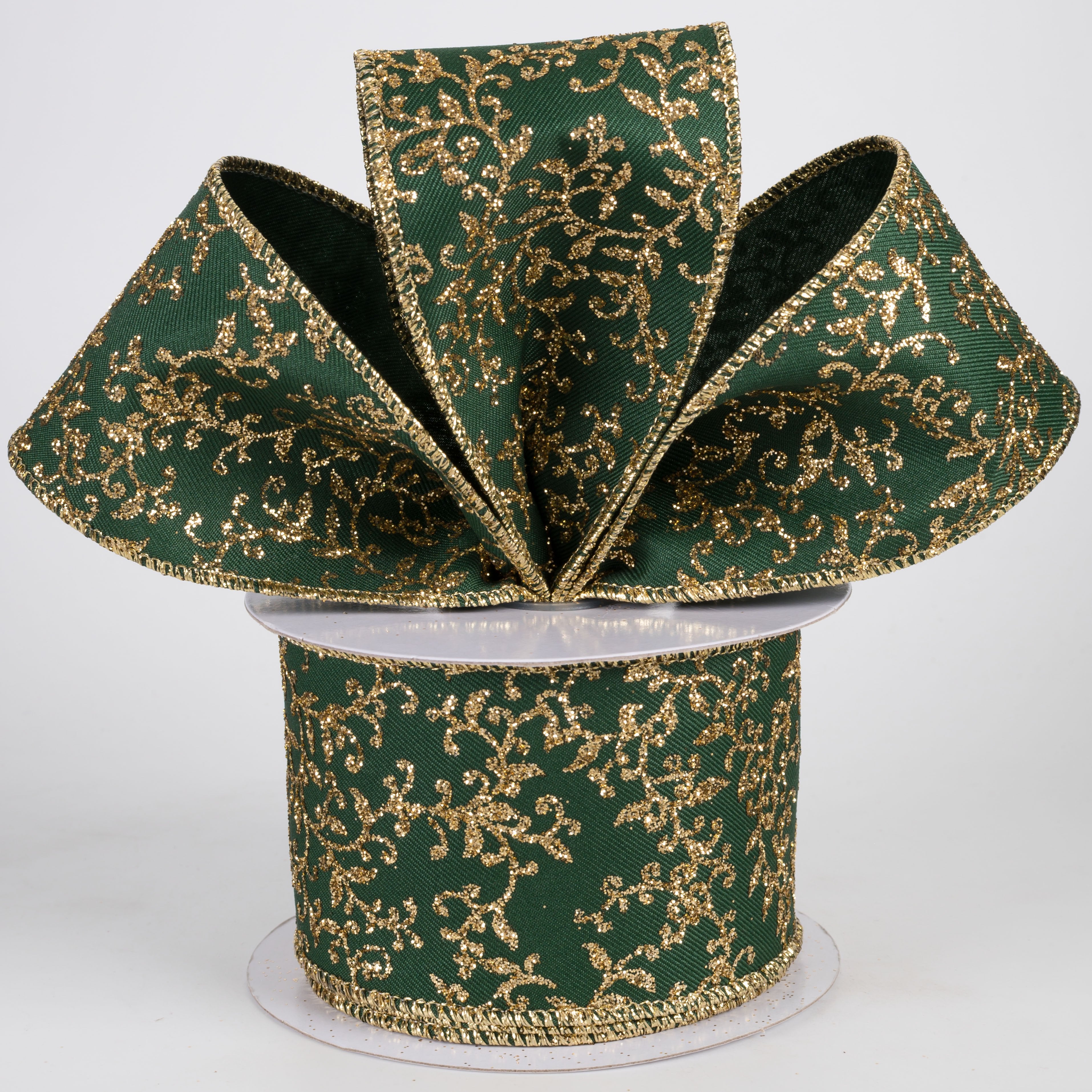 2.5" Glitter Mini Leaf Vines Ribbon: Hunter Green & Gold (10 Yards) Lifestyle Photo