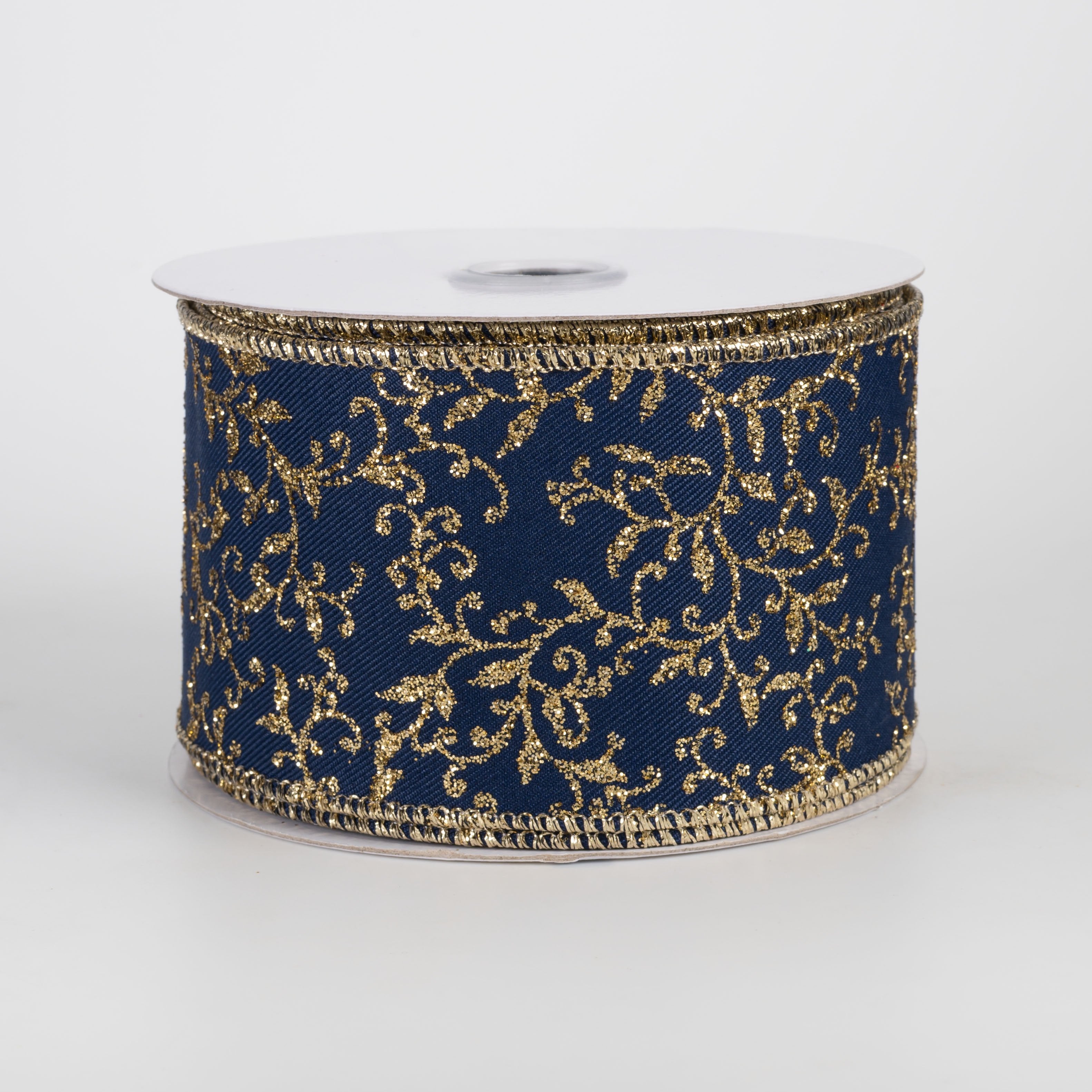 2.5" Glitter Mini Leaf Vines Ribbon: Navy Blue & Gold (10 Yards) Item Number: RGF1313WA