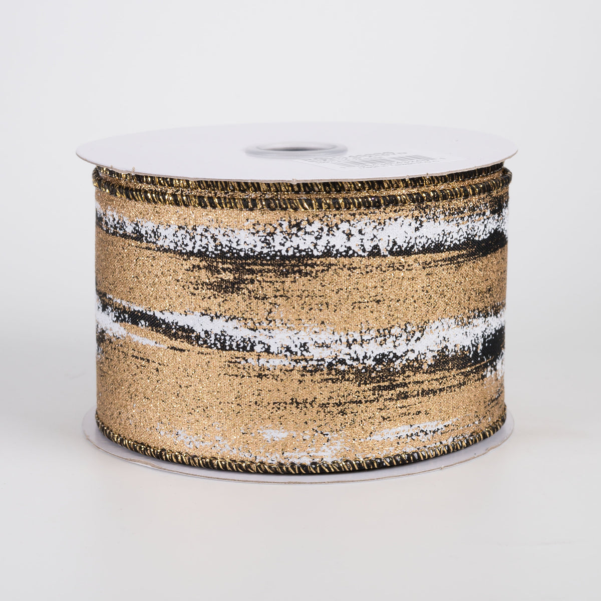 2.5" Glitter Paint Strokes Ribbon: White & Gold on Black (10 Yards) Item Number: RGH145886