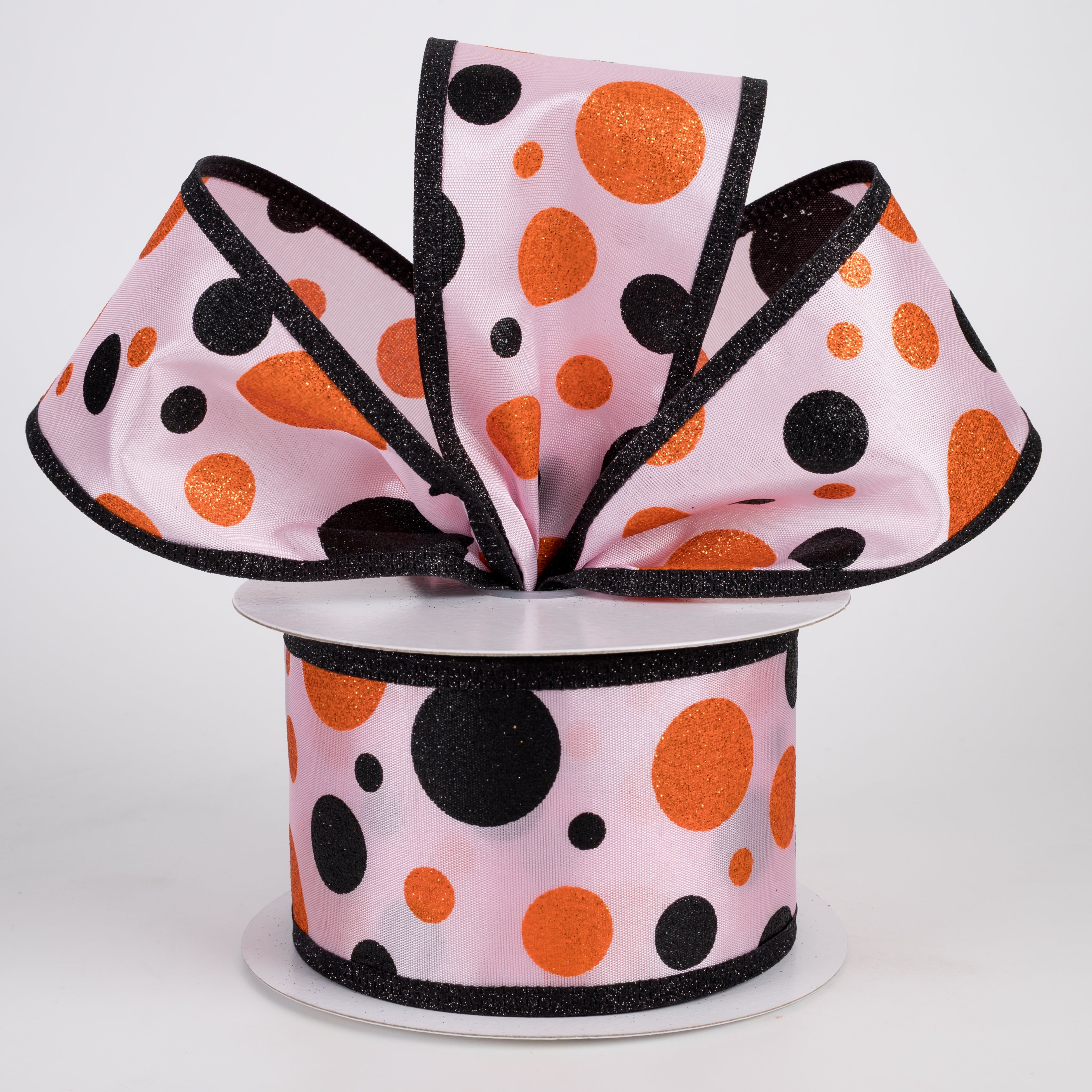 2.5" Glitter Polka Dots Ribbon: Orange & Black on Pink (10 Yards) Lifestyle Photo