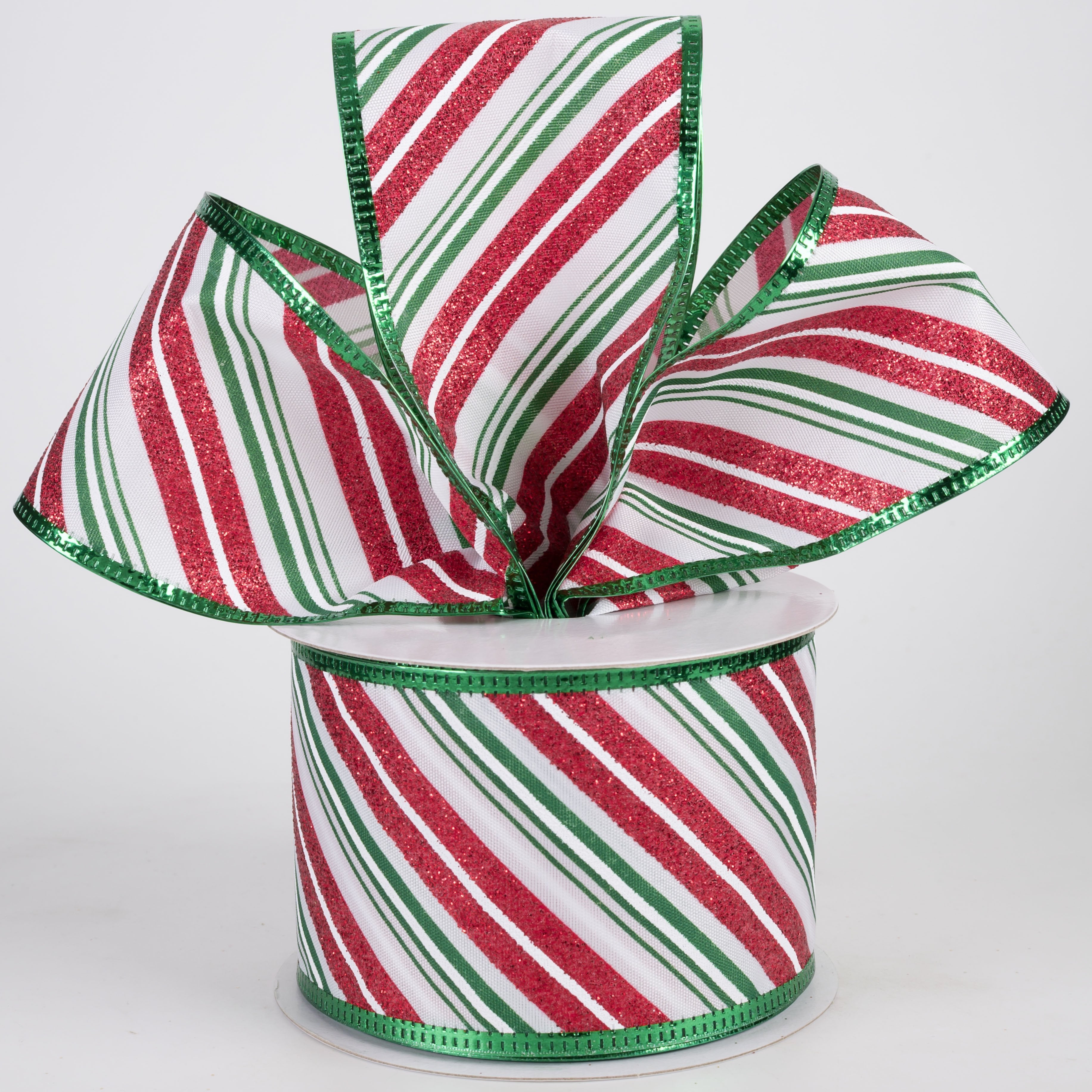 2.5" Glittered Diagonal Stripes Ribbon: Green & Red on White (10 Yards) Lifestyle Photo