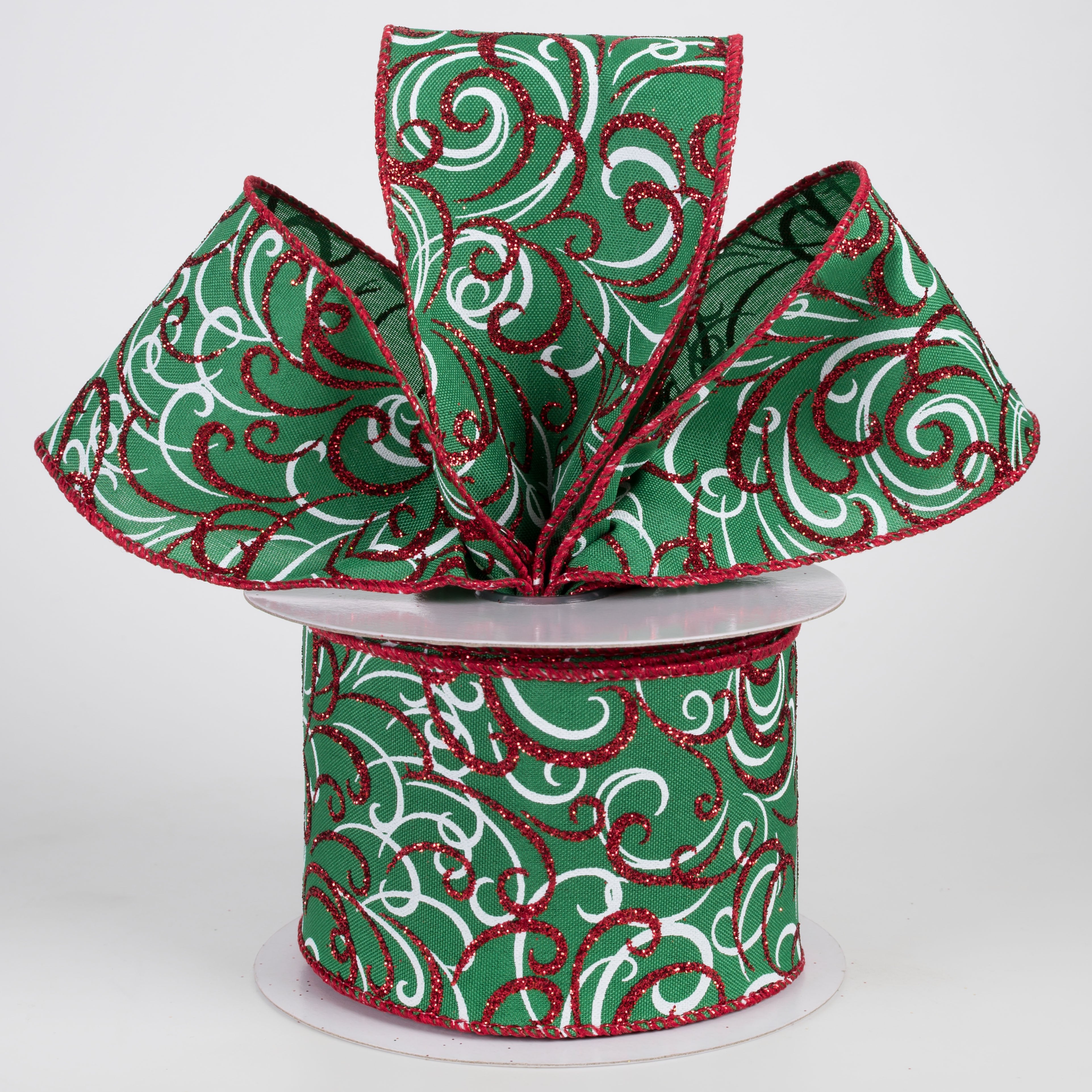 2.5" Glittered Multi Swirls Ribbon: Red & White on Emerald (10 Yards) Lifestyle Photo