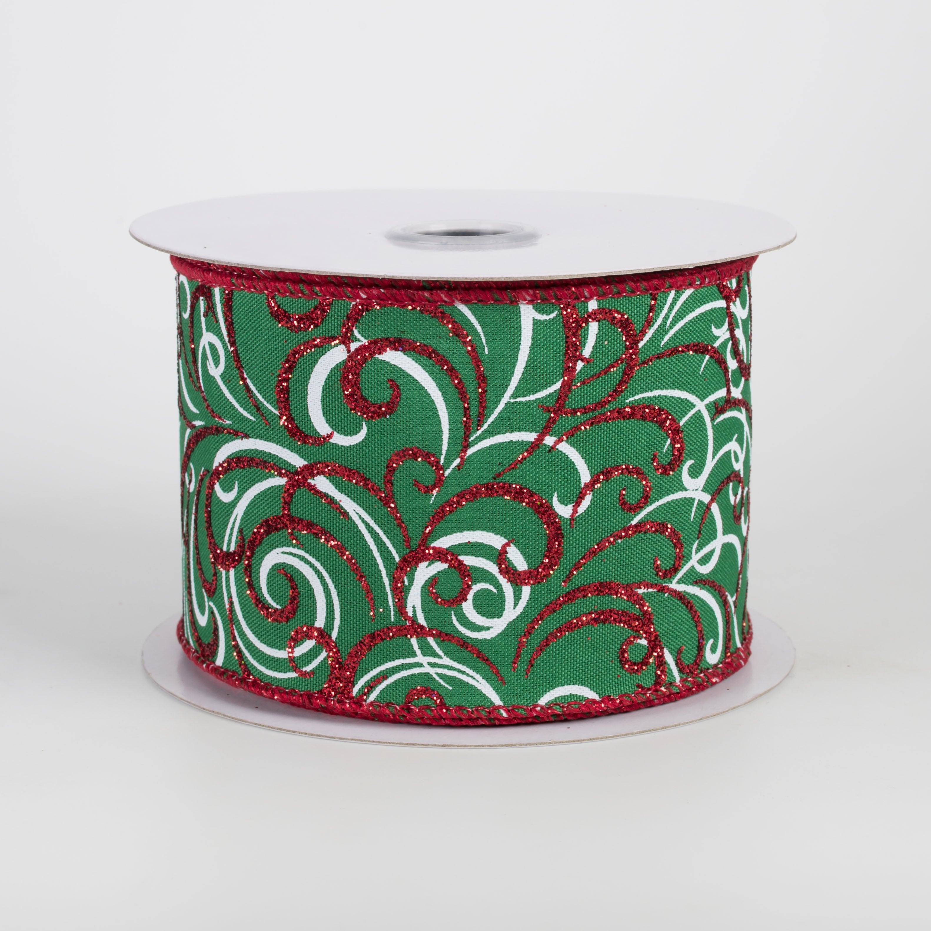 2.5" Glittered Multi Swirls Ribbon: Red & White on Emerald (10 Yards) Item Number: RGF132358