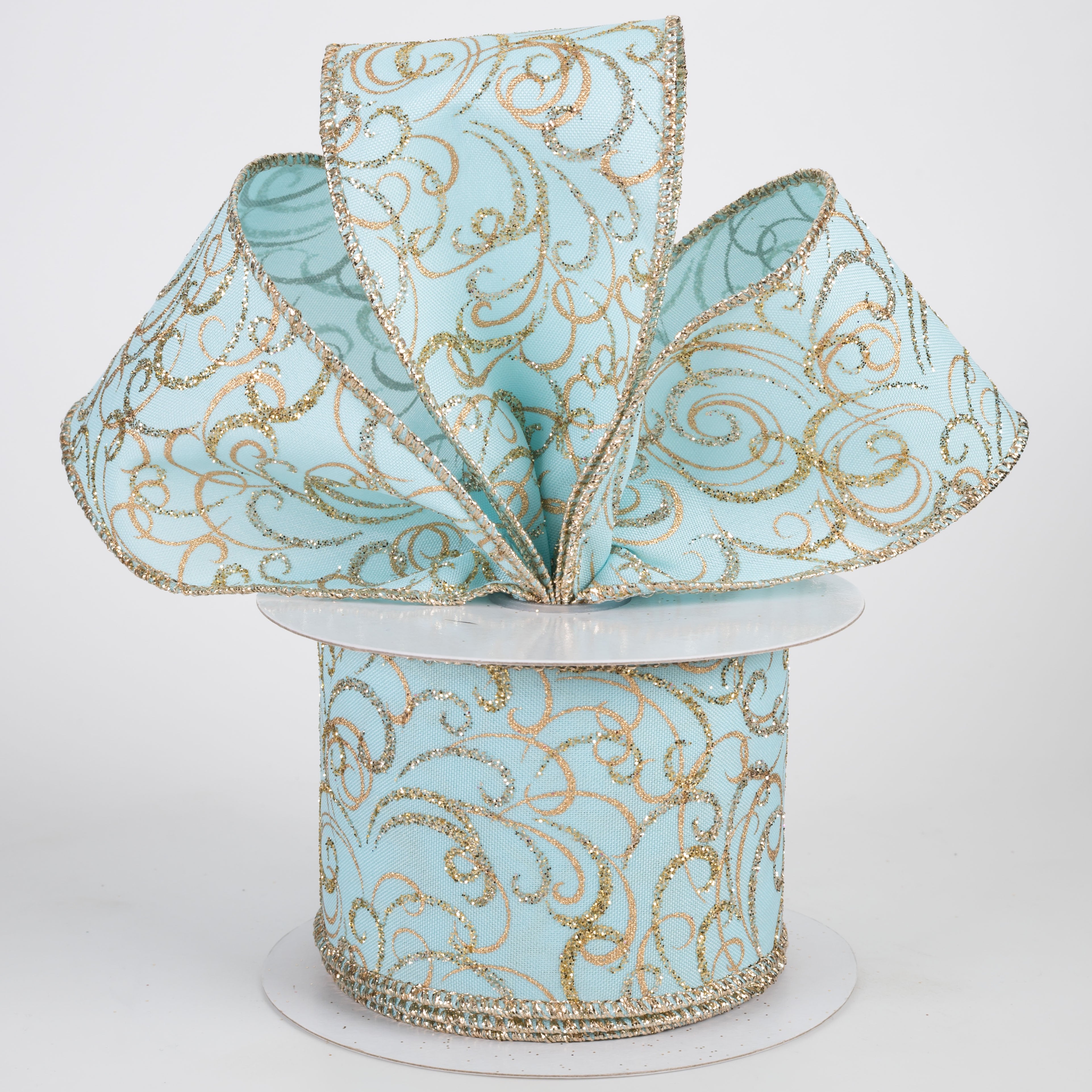 2.5" Glittered Multi Swirls Ribbon: Soft Turquoise, Champagne & Gold (10 Yards) Lifestyle Photo