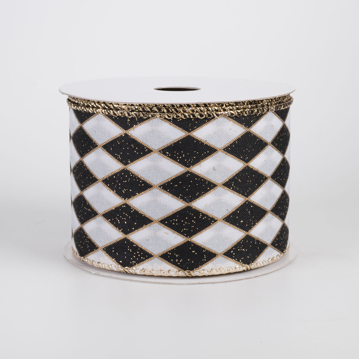 2.5" Glittered Satin Harlequin Ribbon: Black & Gold on White (10 Yards) Item Number: 73529-40-21