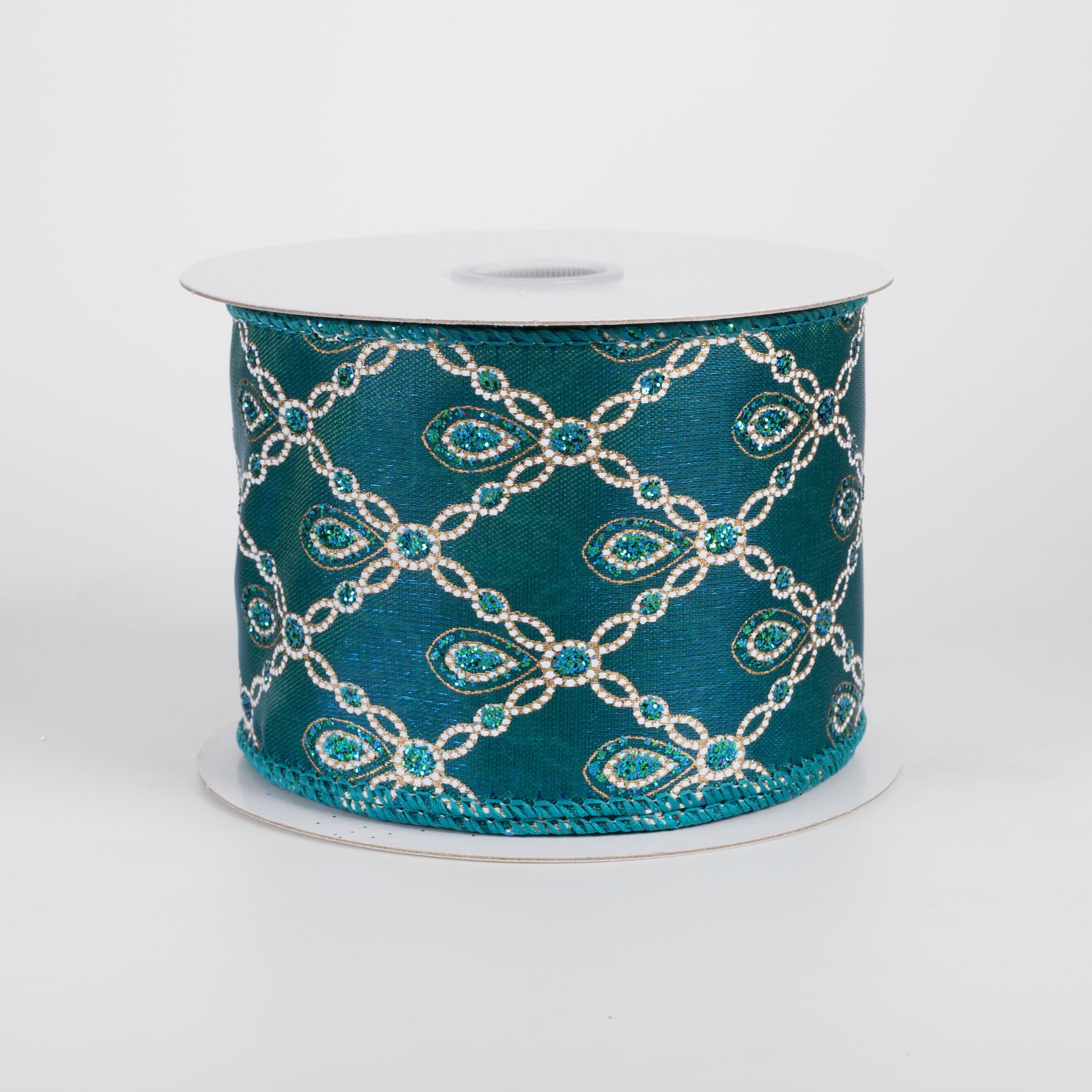 2.5" Jeweled Peacock Diamond Lattice Satin Ribbon: Teal (10 Yards) Item Number: 71673-40-33