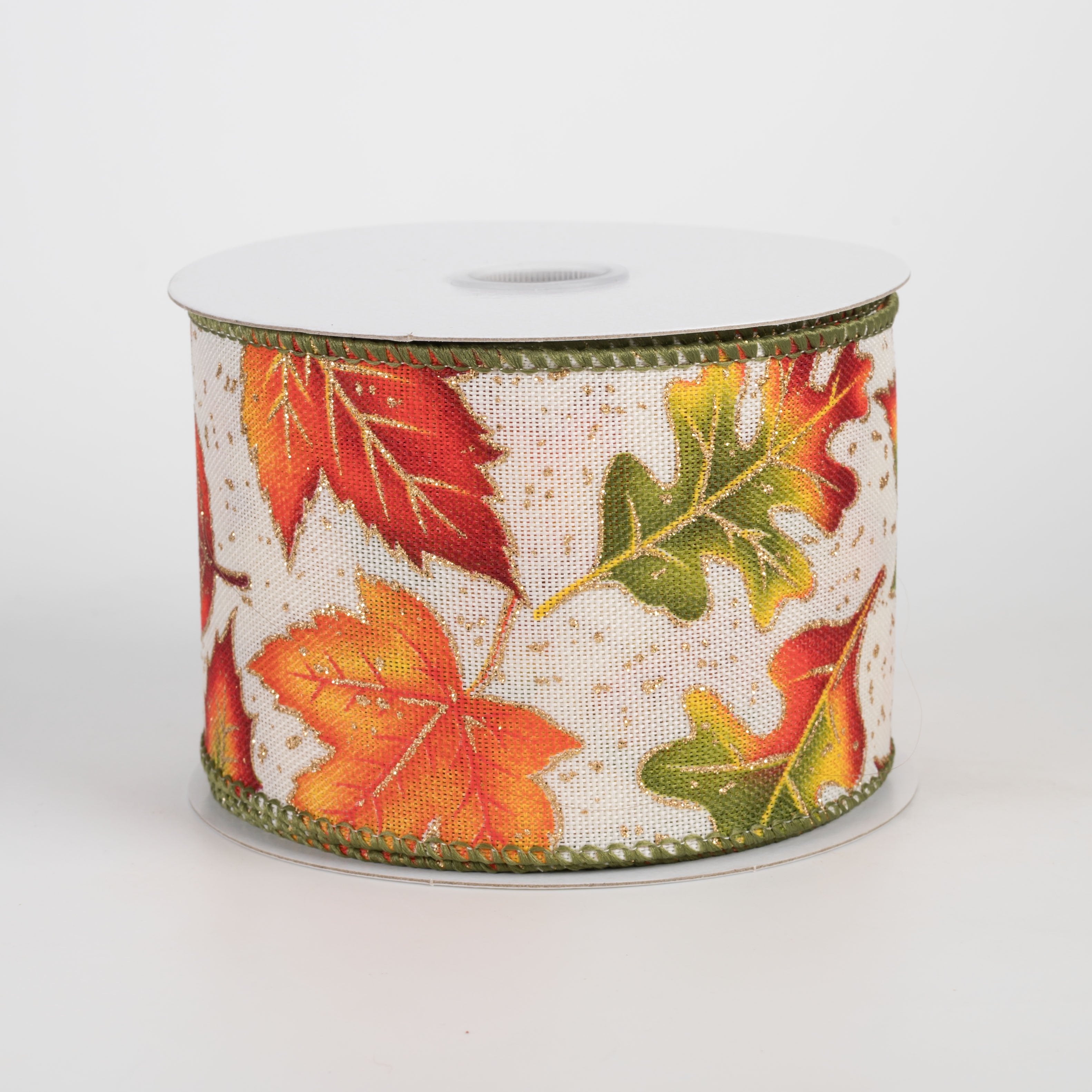 2.5" Linen Big Falling Leaves Ribbon: Moss & Orange on Ivory (10 Yards) Item Number: 61514-40-08