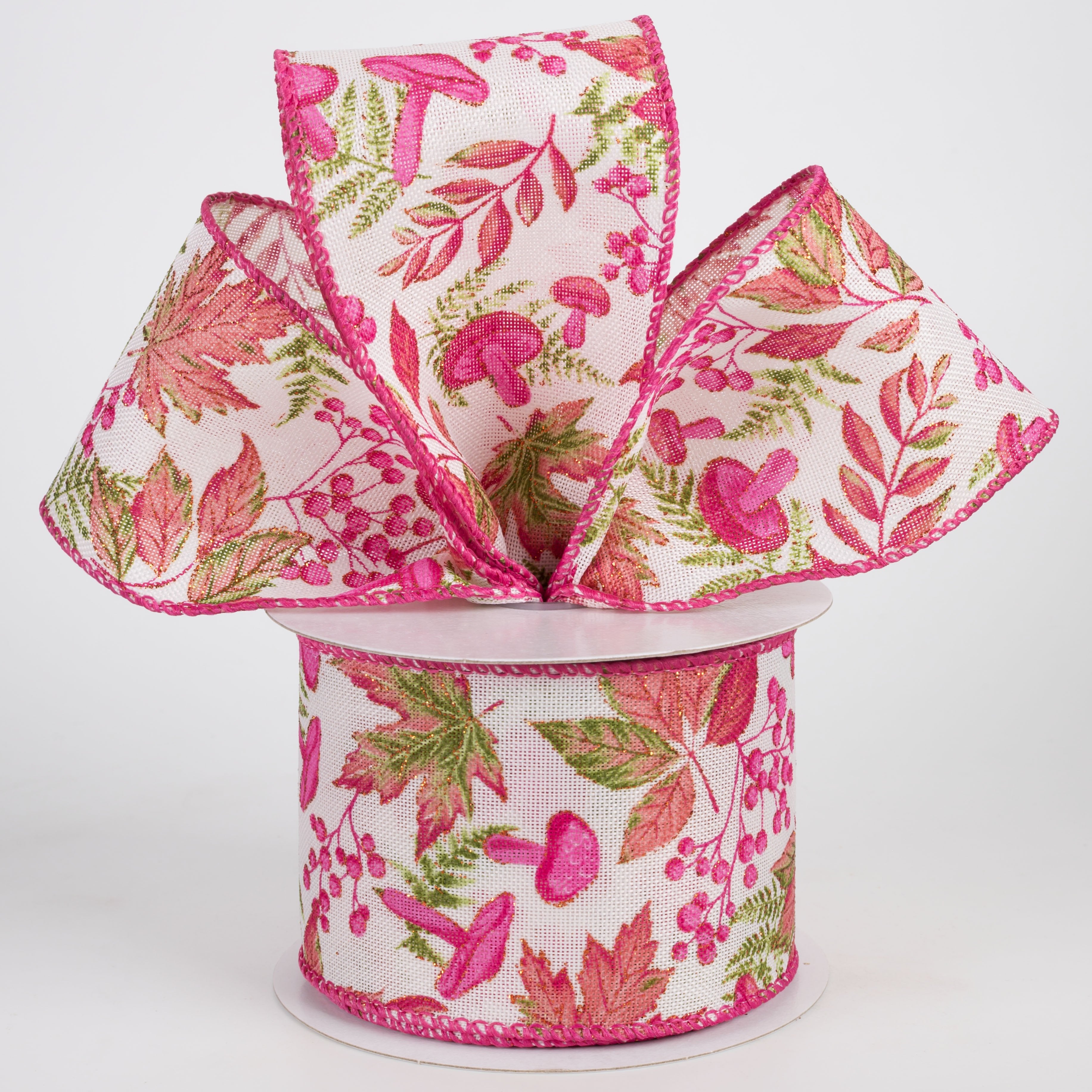 2.5" Linen Fall Forest Floor Ribbon: Moss & Fuchsia on Ivory (10 Yards) Lifestyle Photo