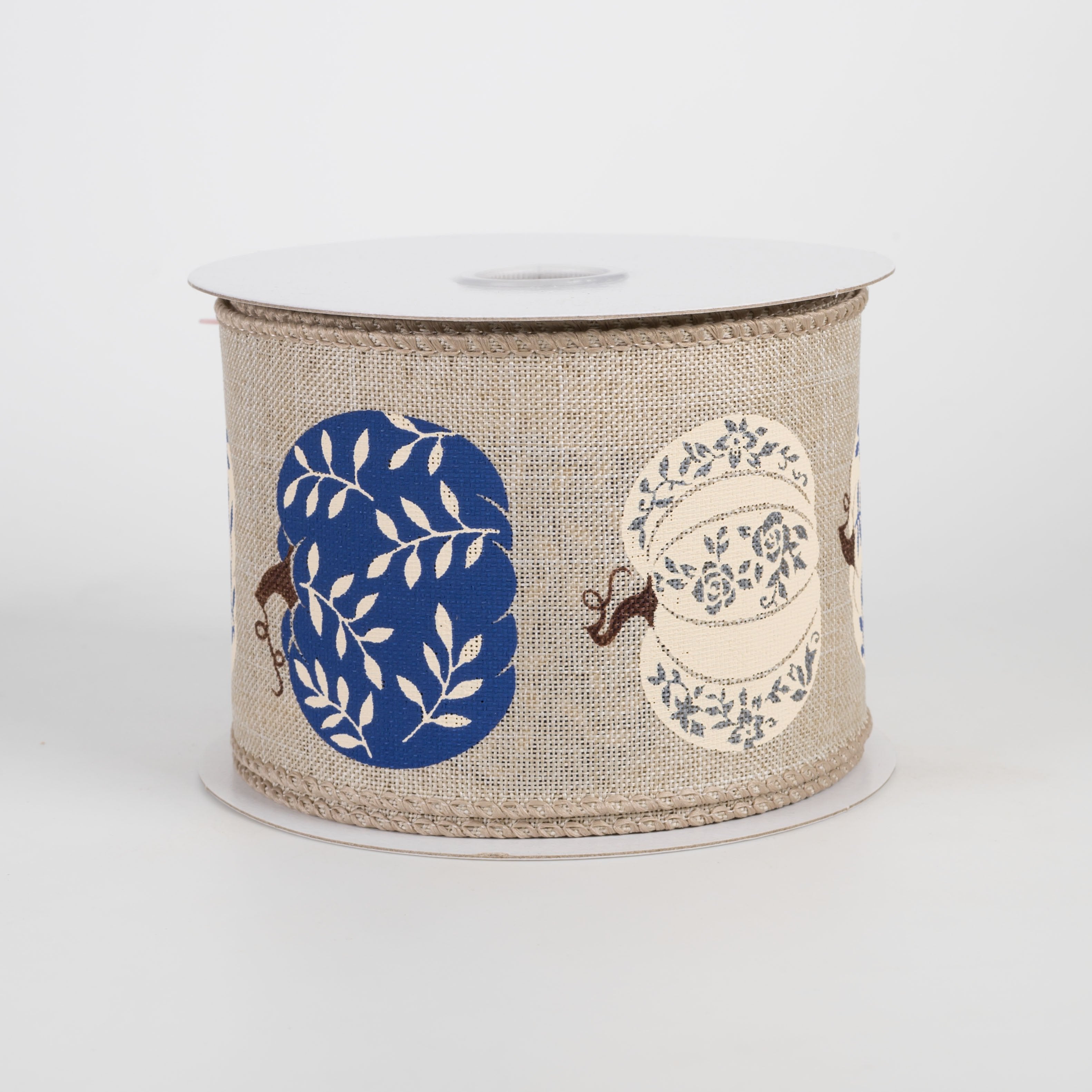 2.5" Linen Fancy Pumpkins Ribbon: Navy & Ivory on Natural (10 Yards) Item Number: 61612-40-27